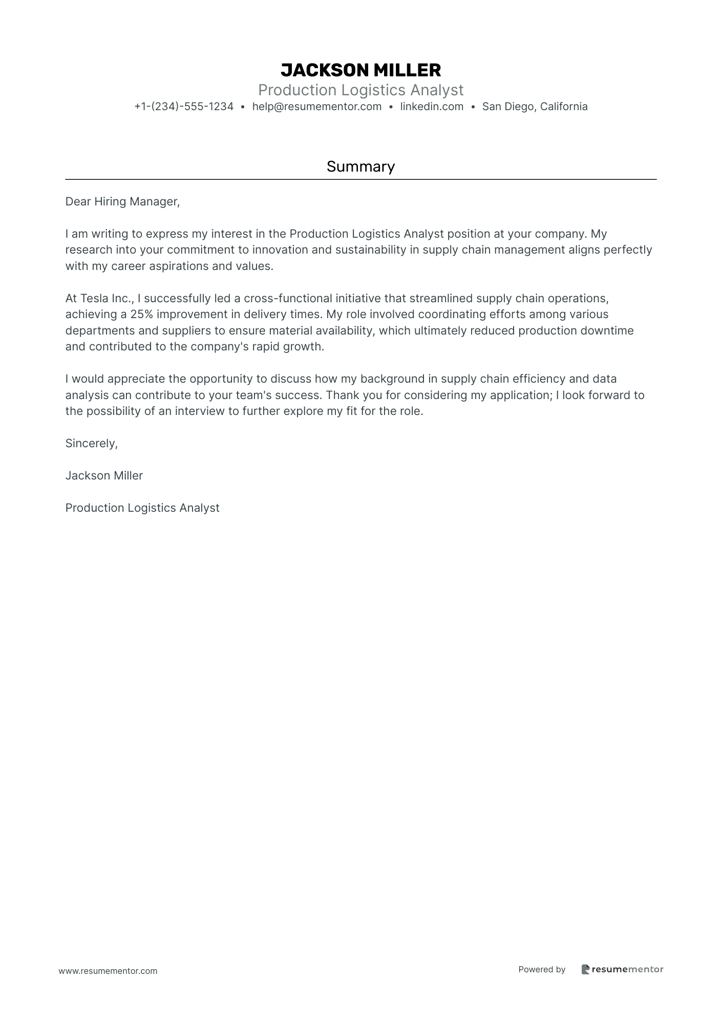 Production Logistics Analyst