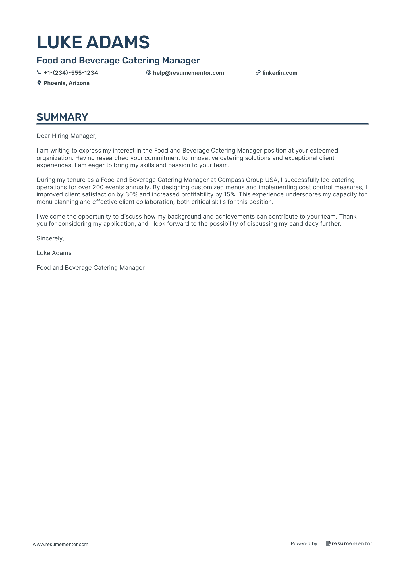 Food and Beverage Catering Manager