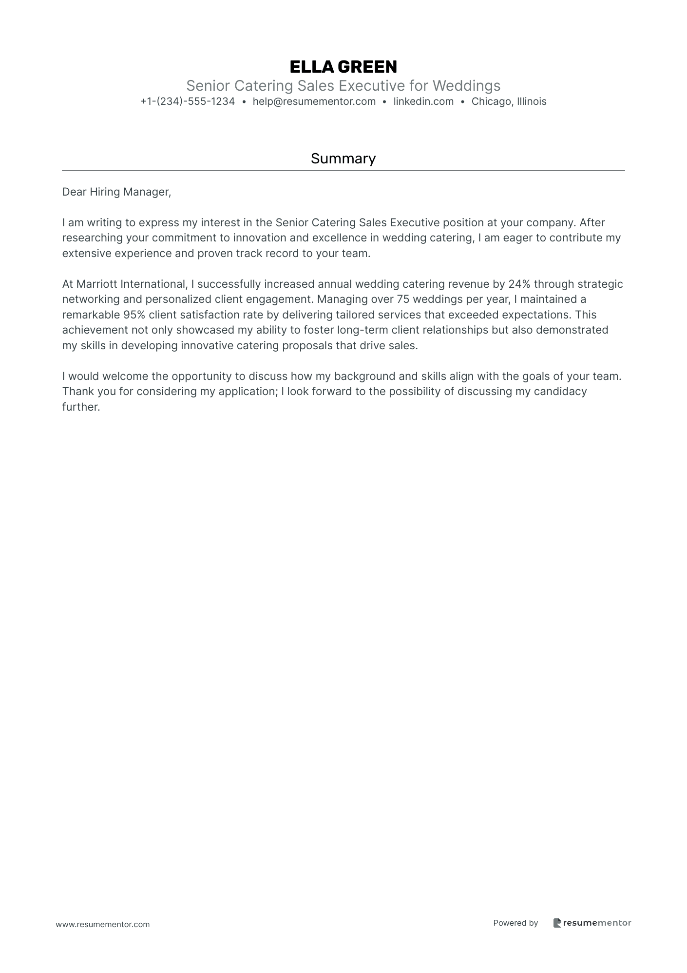 Senior Catering Sales Executive for Weddings