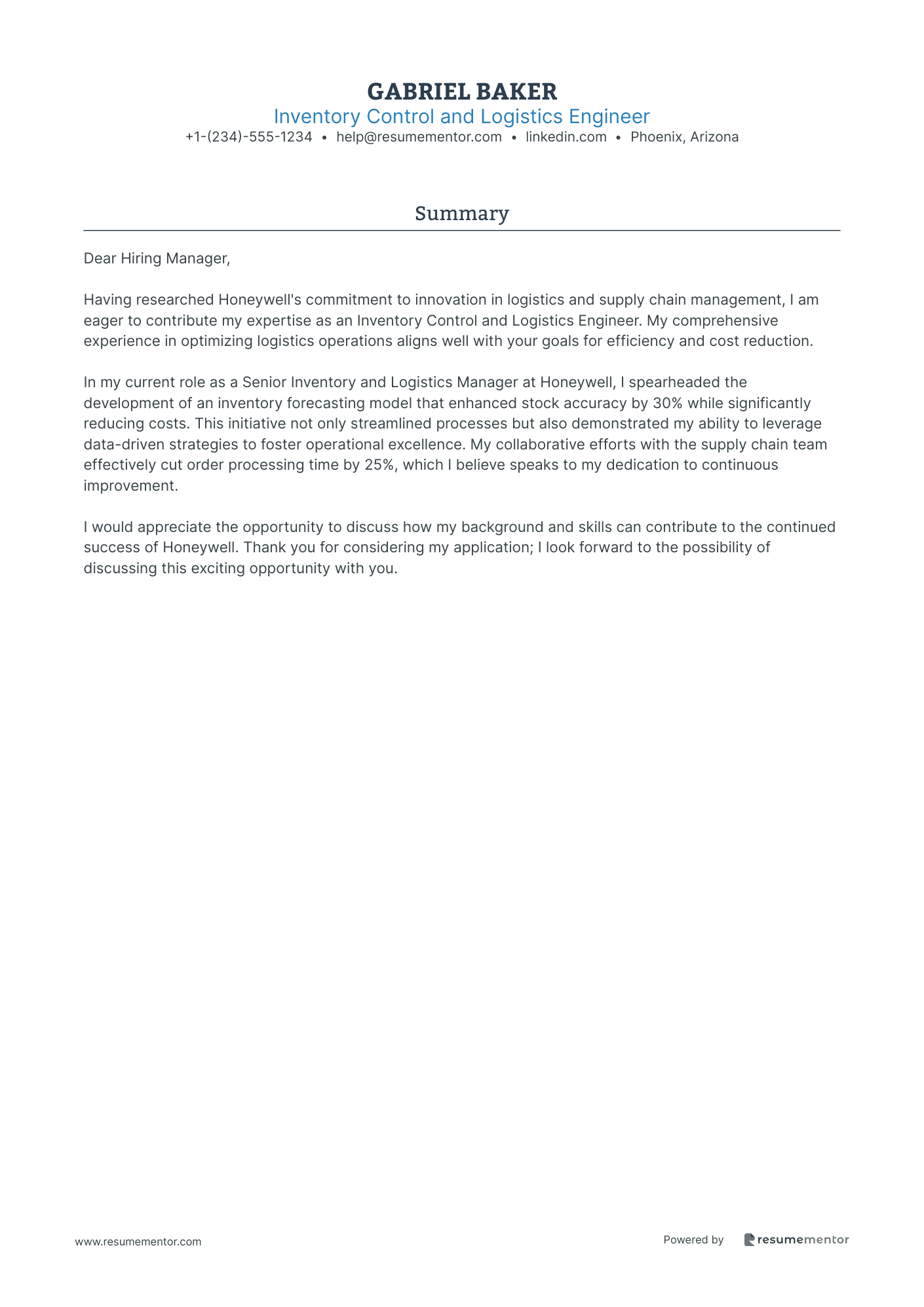 Inventory Control and Logistics Engineer