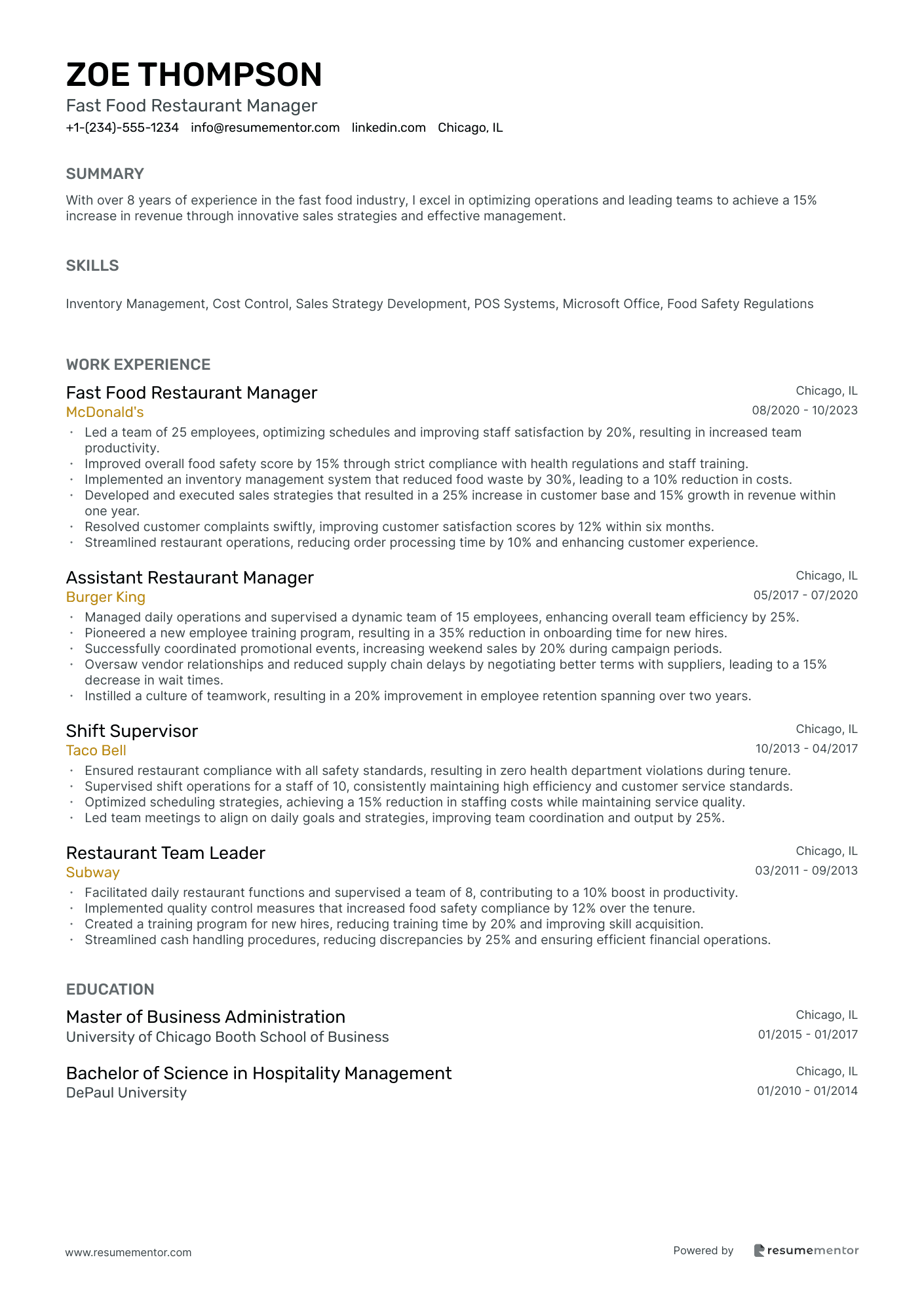 Fast Food Restaurant Manager