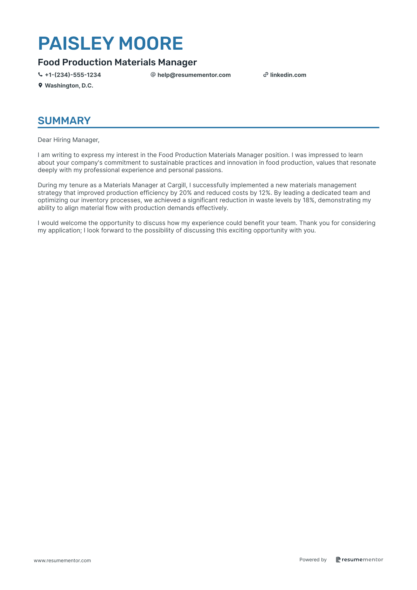 Food Production Materials Manager