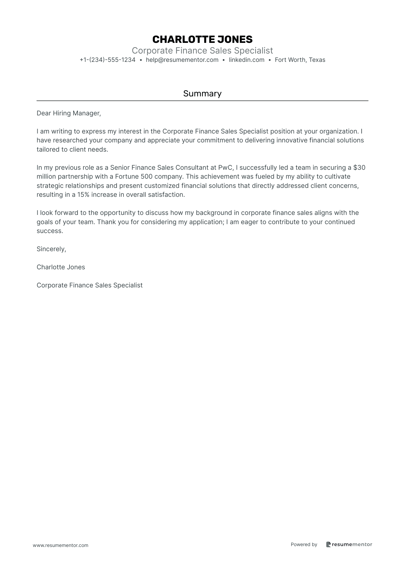 Corporate Finance Sales Specialist