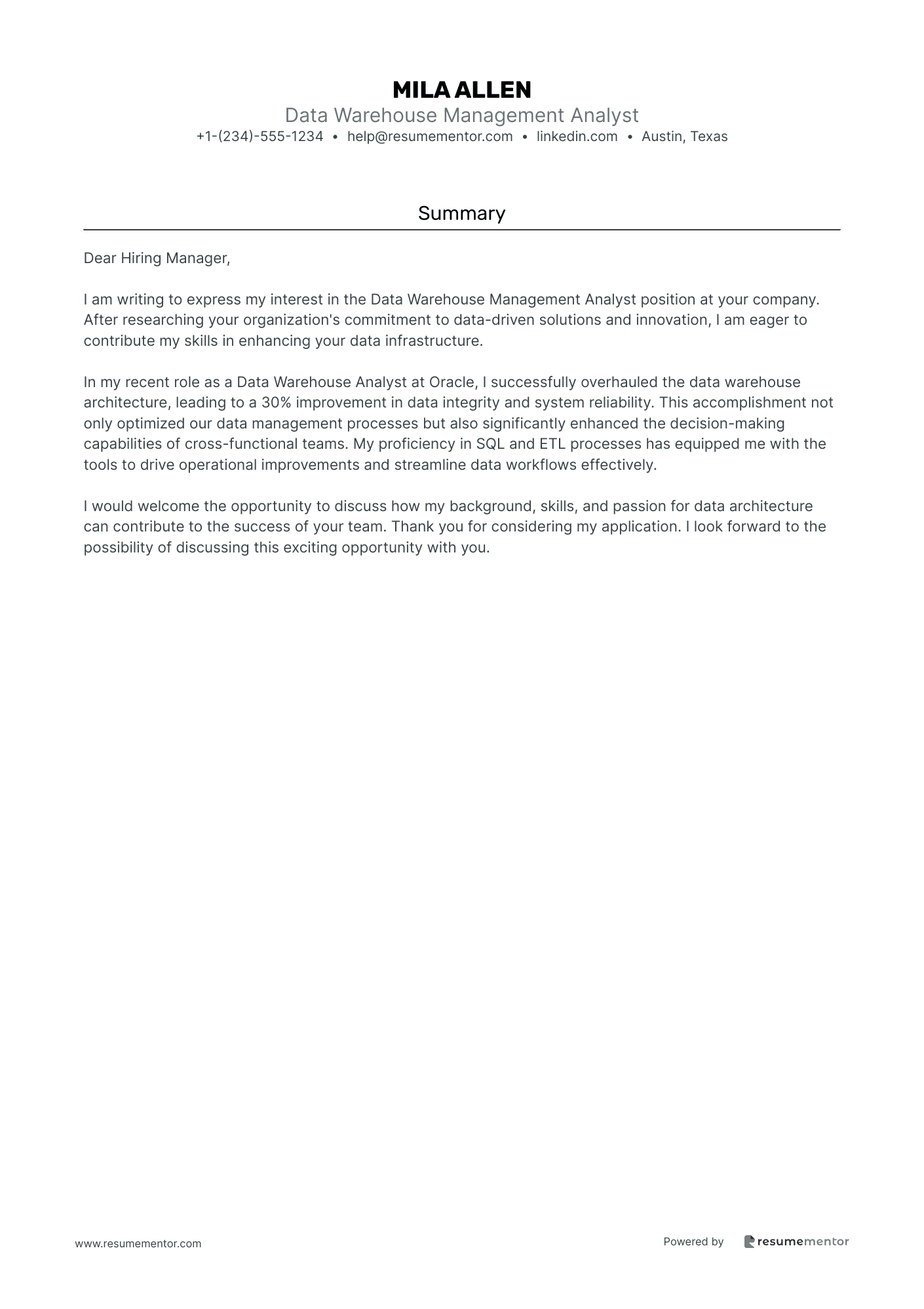 Data Warehouse Management Analyst