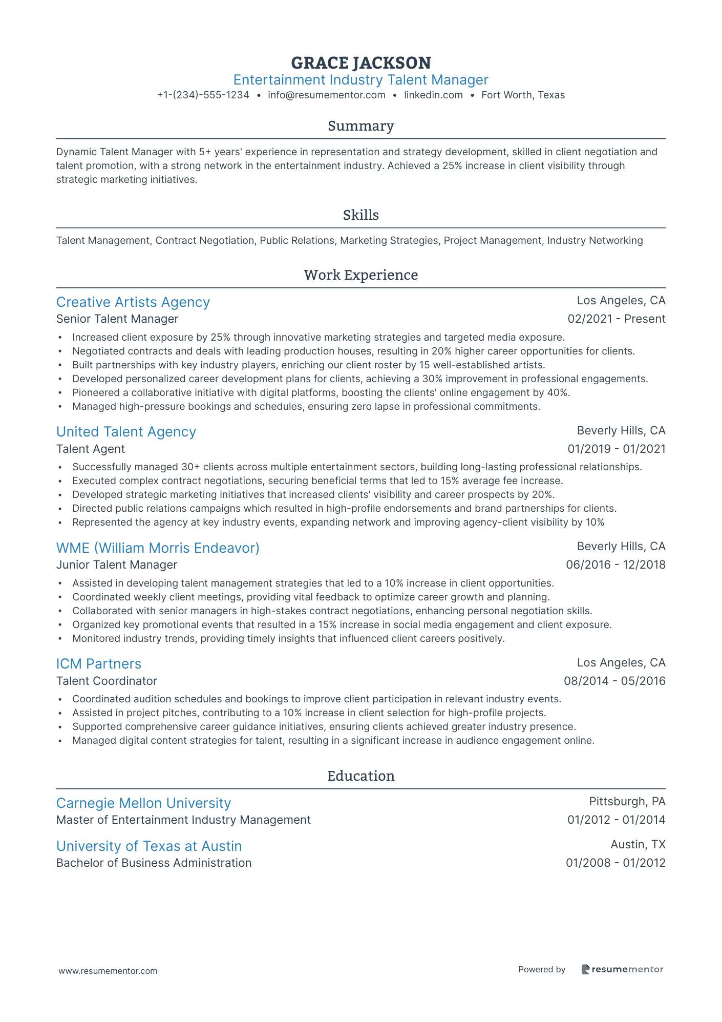 Entertainment Industry Talent Manager