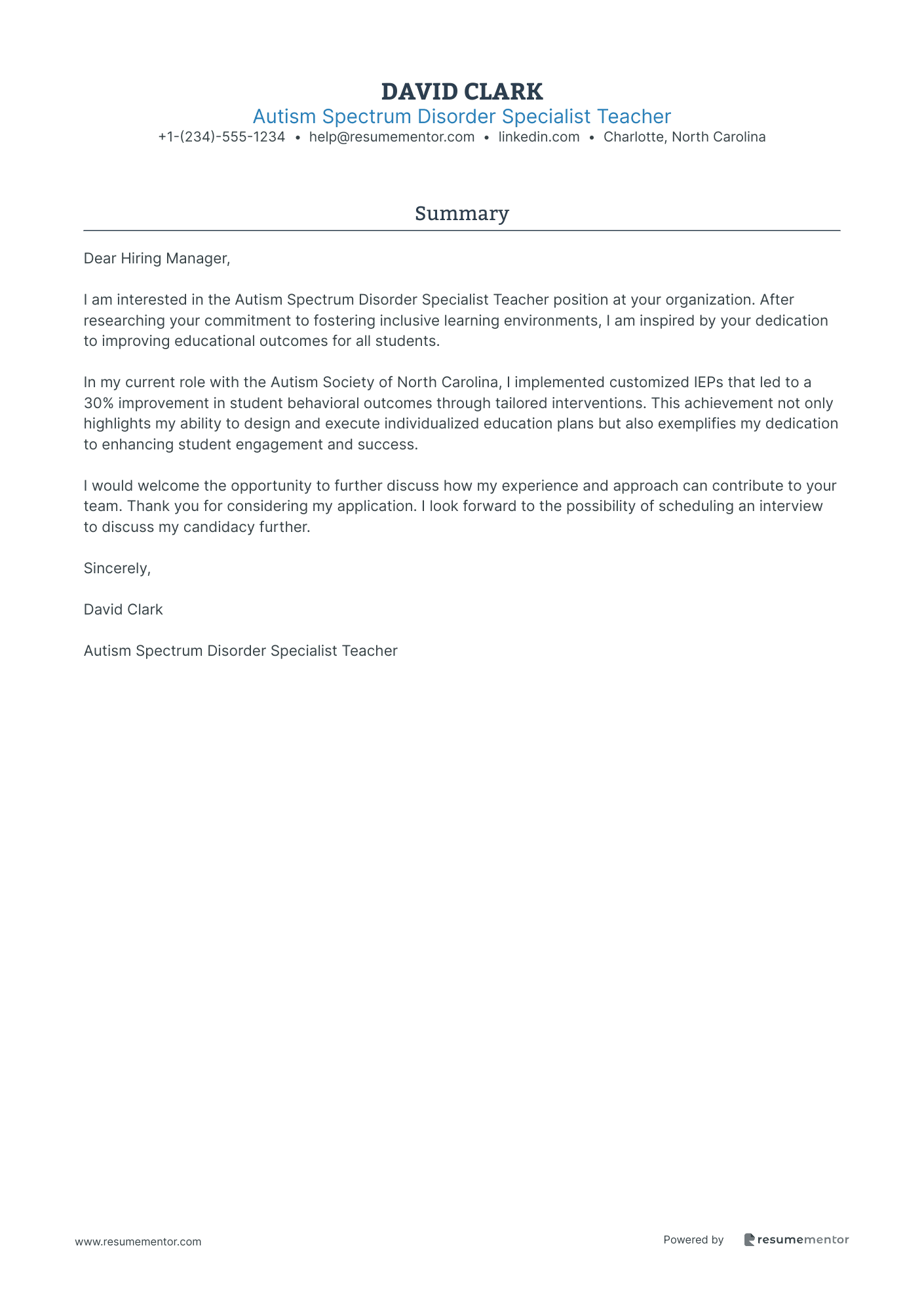 Autism Spectrum Disorder Specialist Teacher