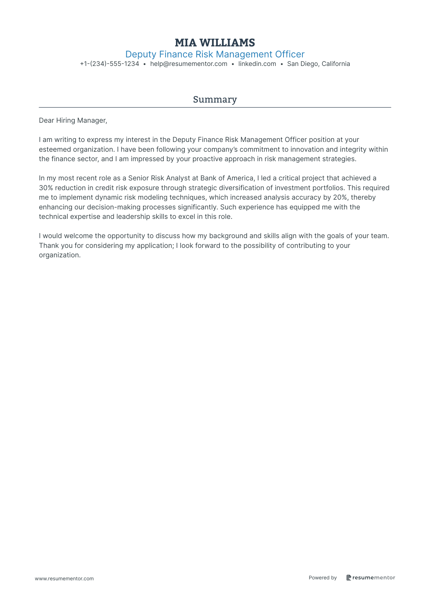 Deputy Finance Risk Management Officer