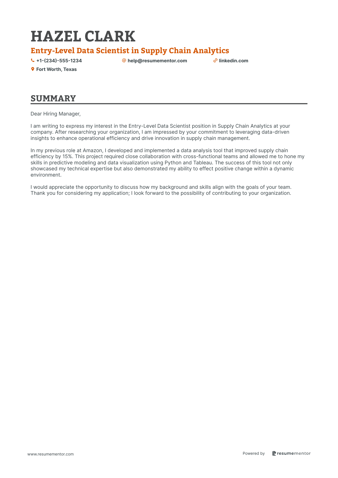 Entry Level Data Scientist in Supply Chain Analytics