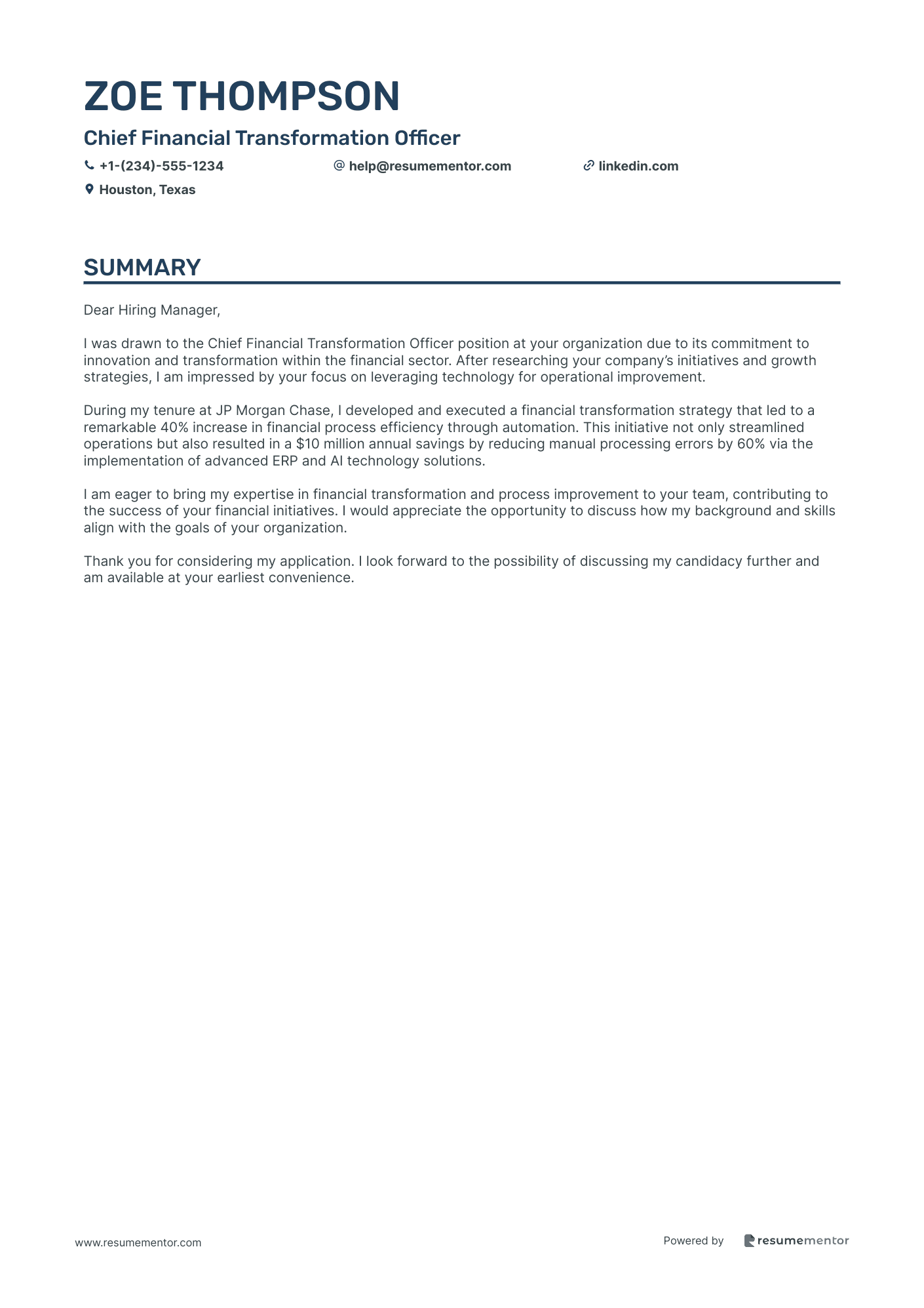 Chief Financial Transformation Officer