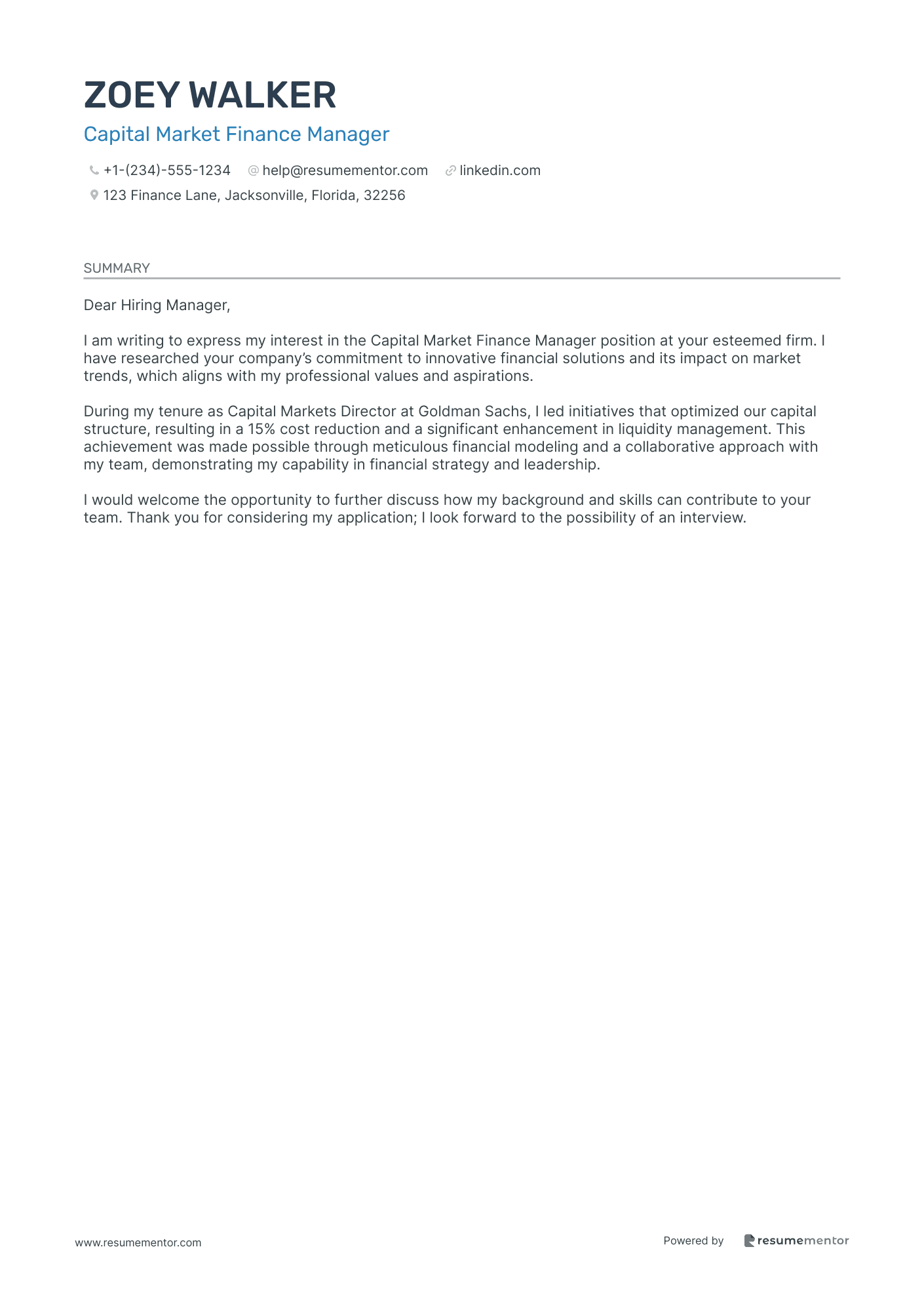 Capital Market Finance Manager