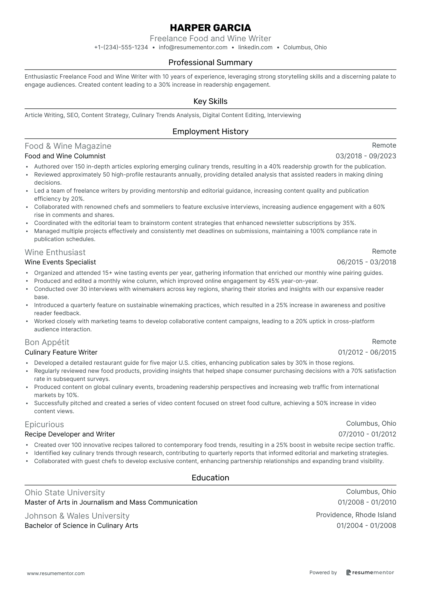 Freelance Food and Wine Writer