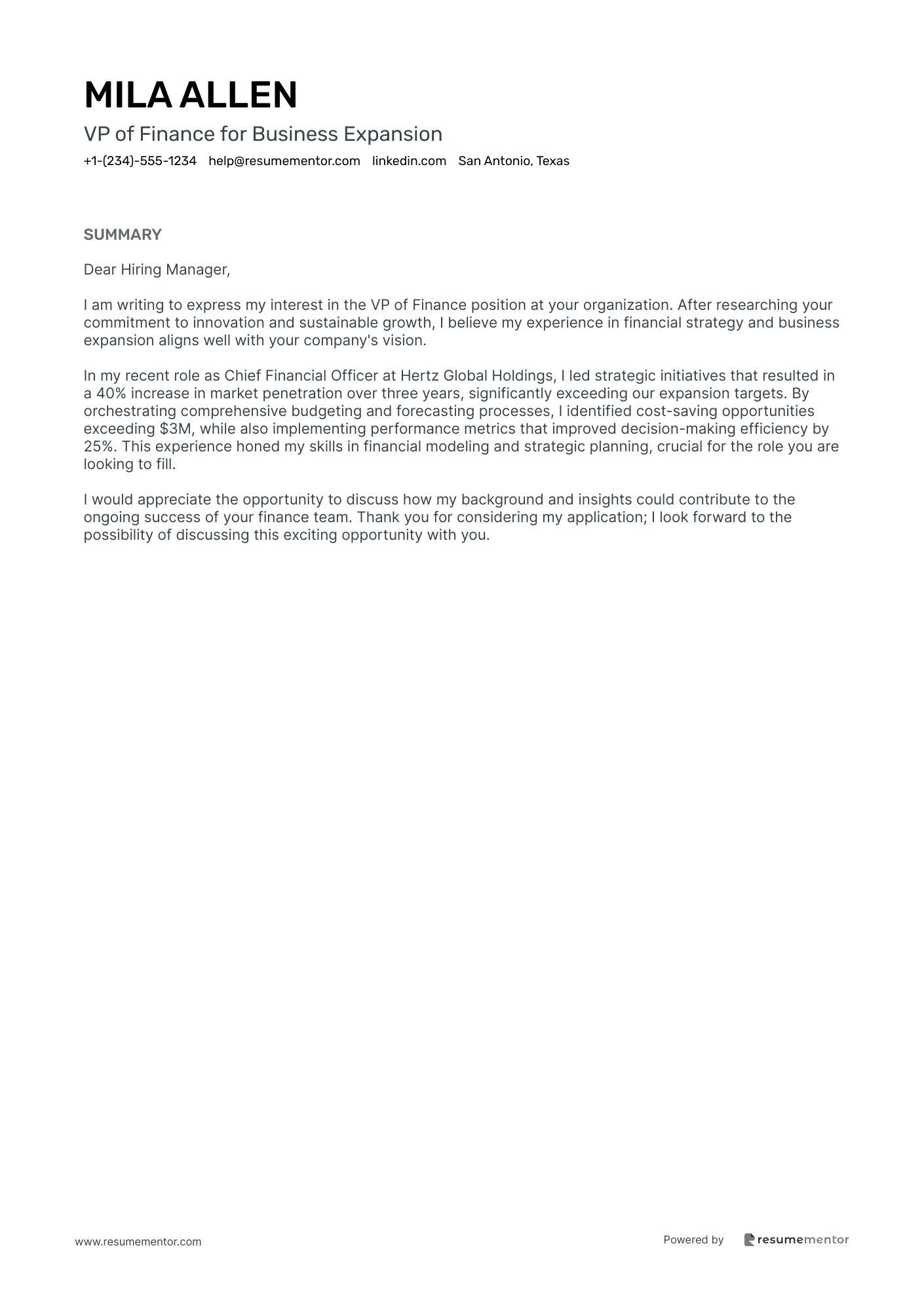 VP of Finance for Business Expansion