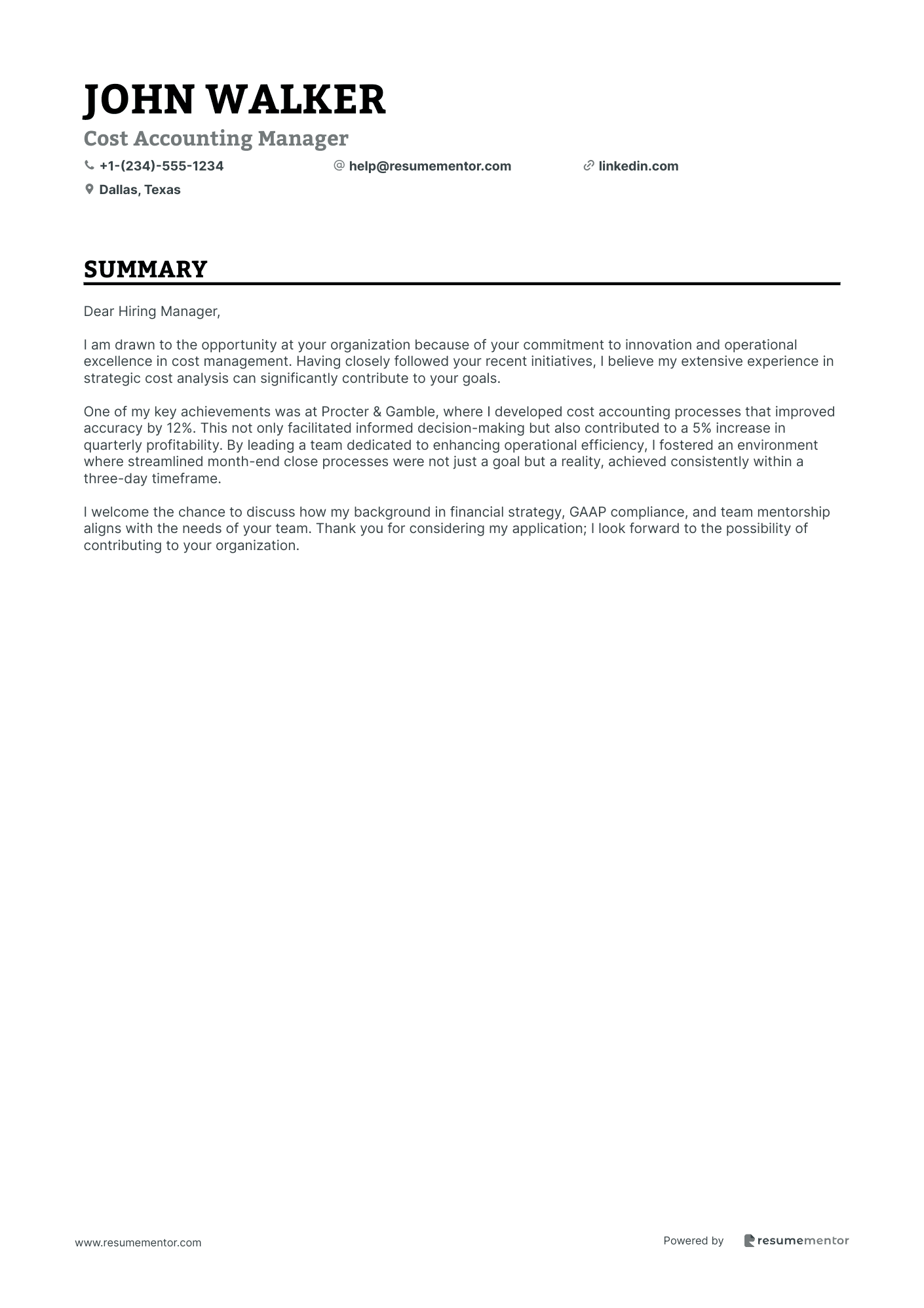 Cost Accounting Manager