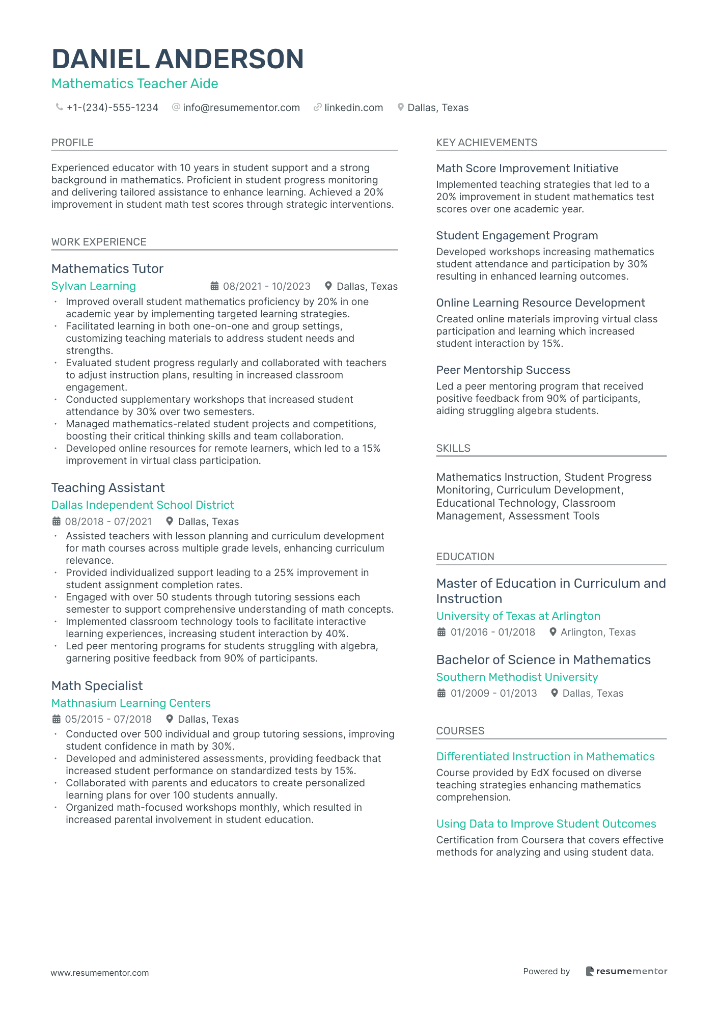 Mathematics Teacher Aide