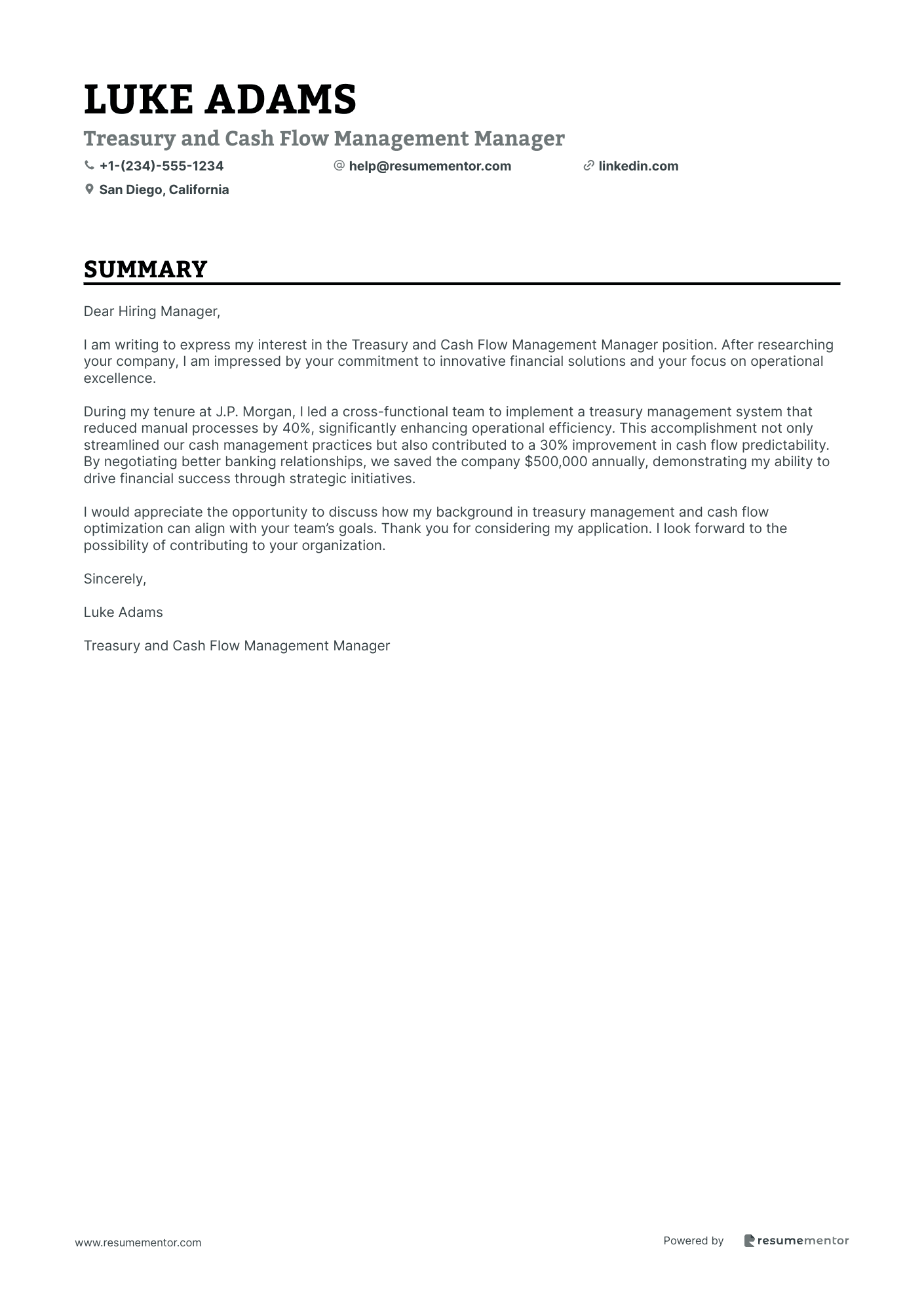 Treasury and Cash Flow Management Manager
