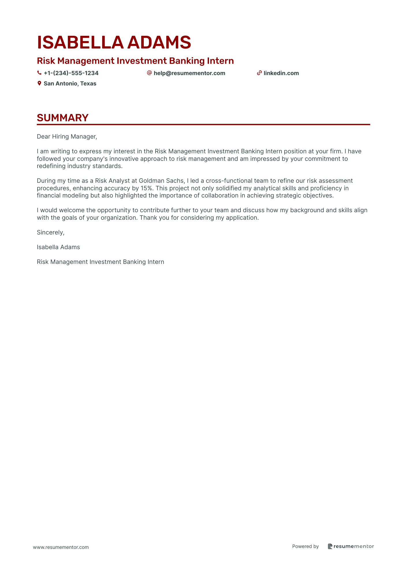 Risk Management Investment Banking Intern