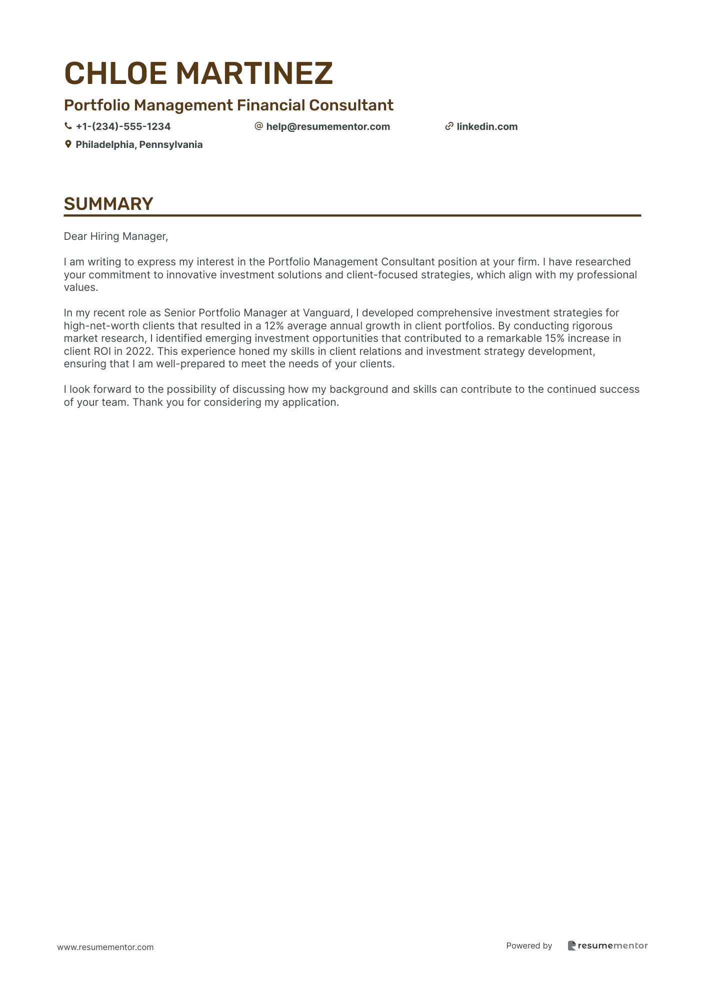 Portfolio Management Financial Consultant