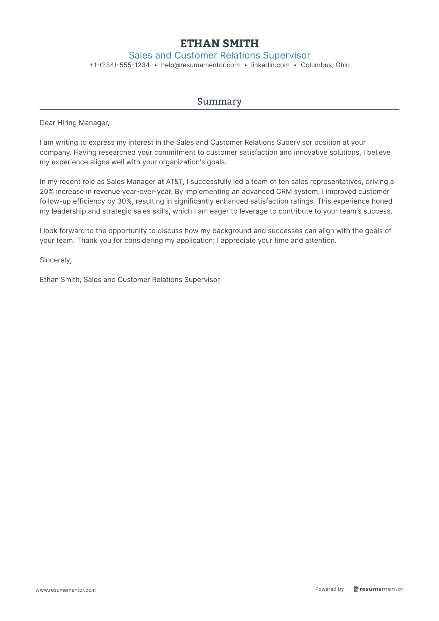 Sales and Customer Relations Supervisor