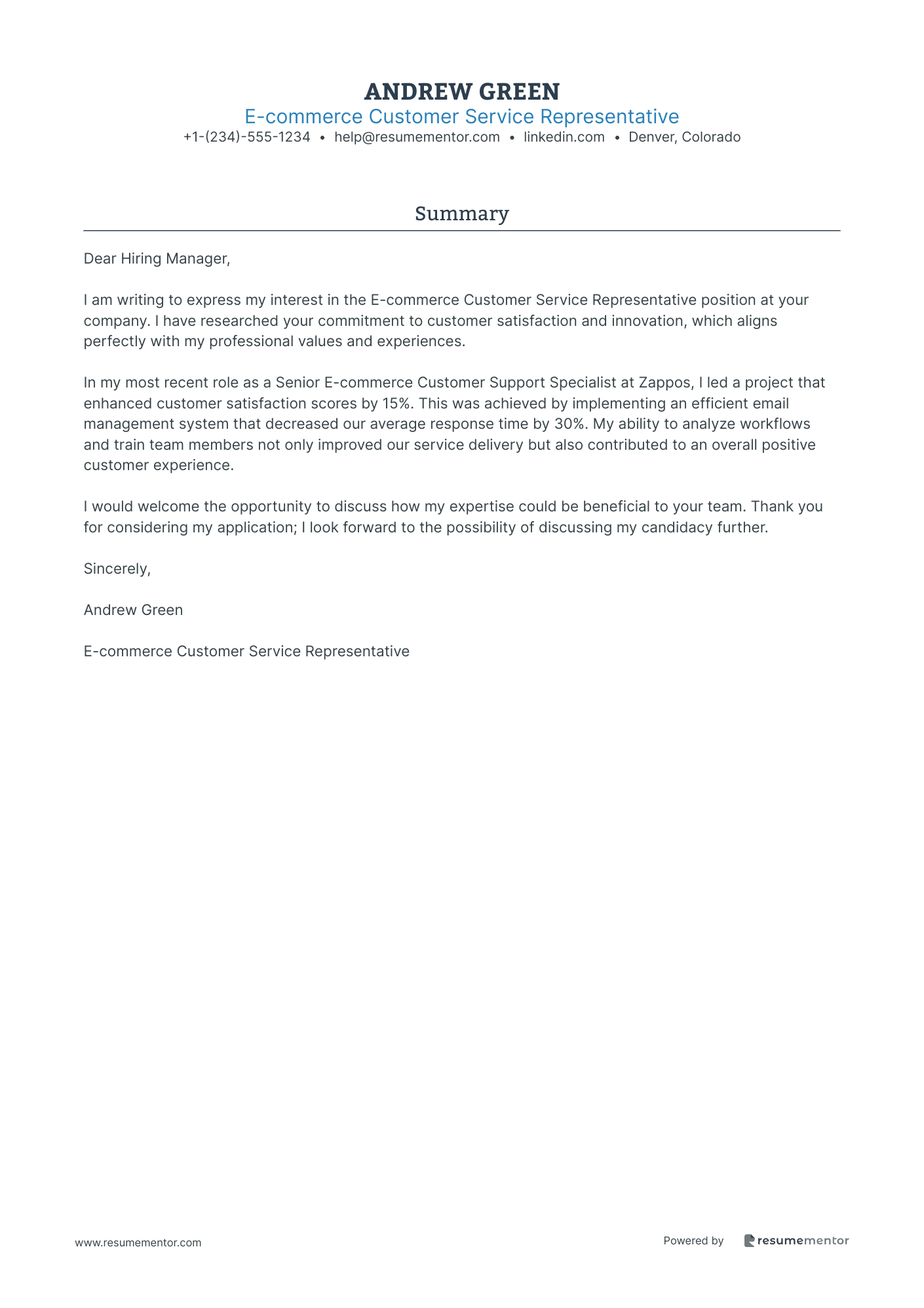 E commerce Customer Service Representative
