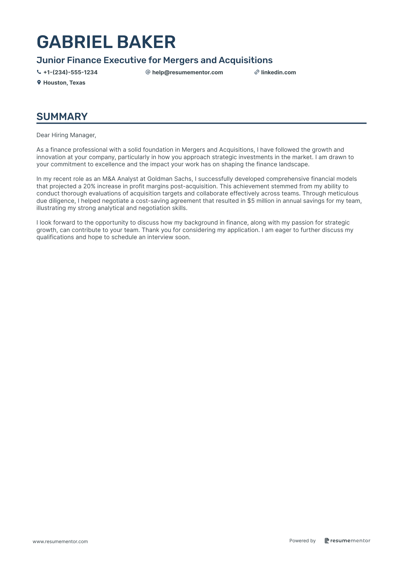 Junior Finance Executive for Mergers and Acquisitions