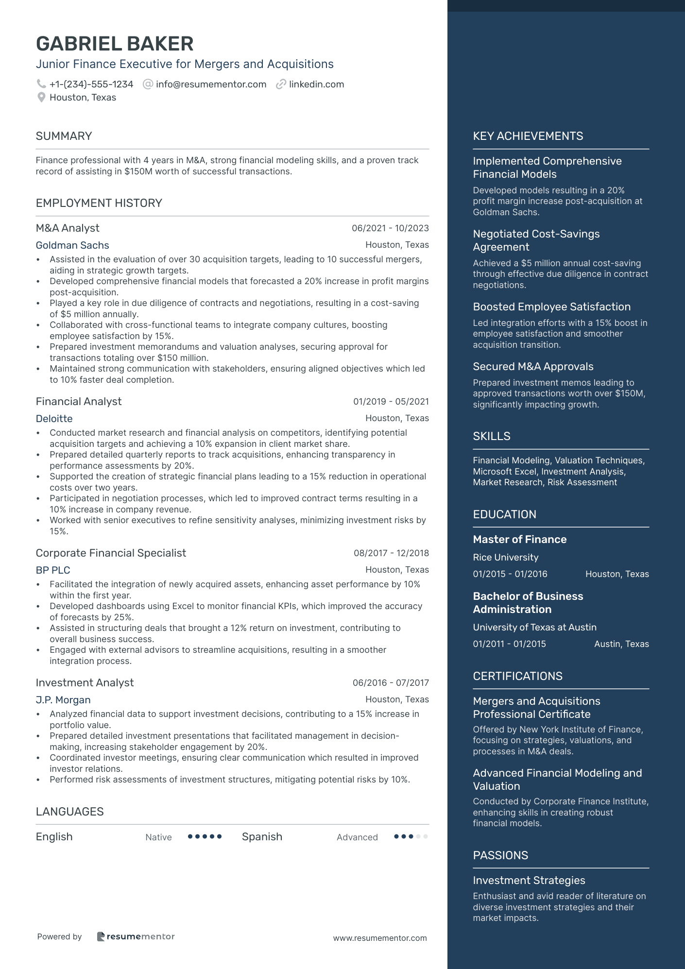 Junior Finance Executive for Mergers and Acquisitions