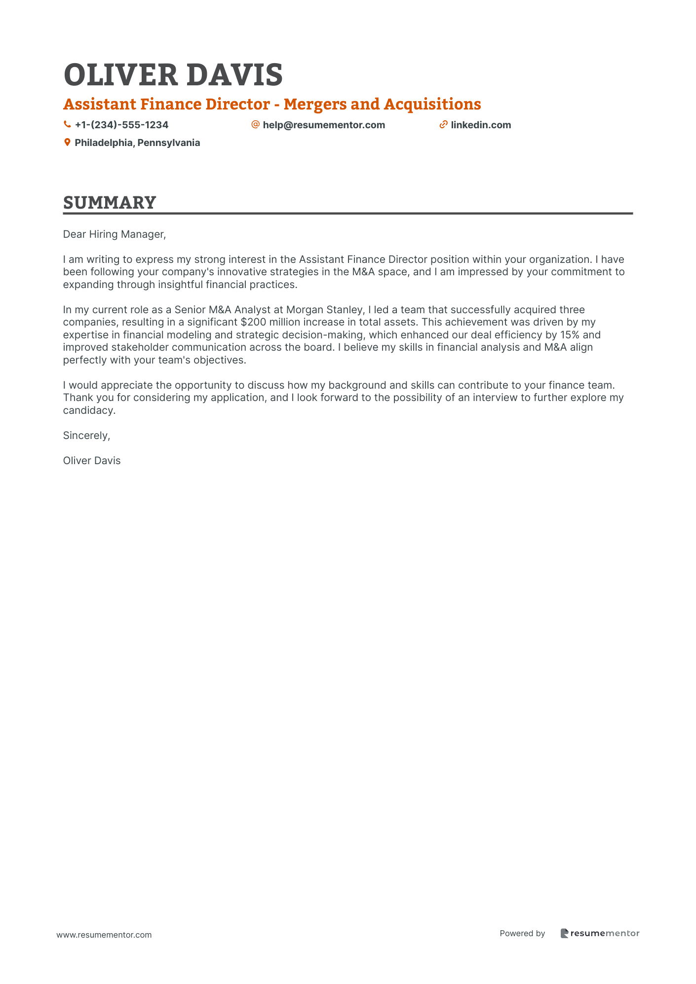 Assistant Finance Director   Mergers and Acquisitions