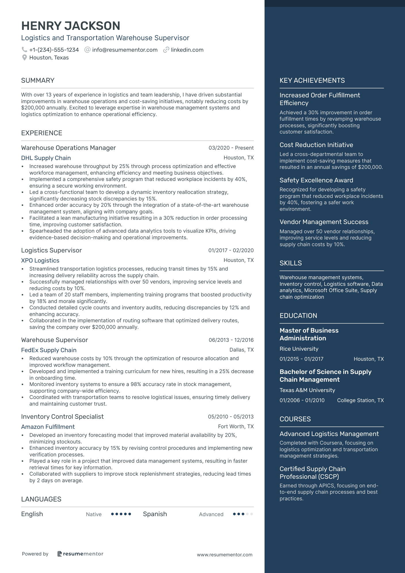 Logistics and Transportation Warehouse Supervisor