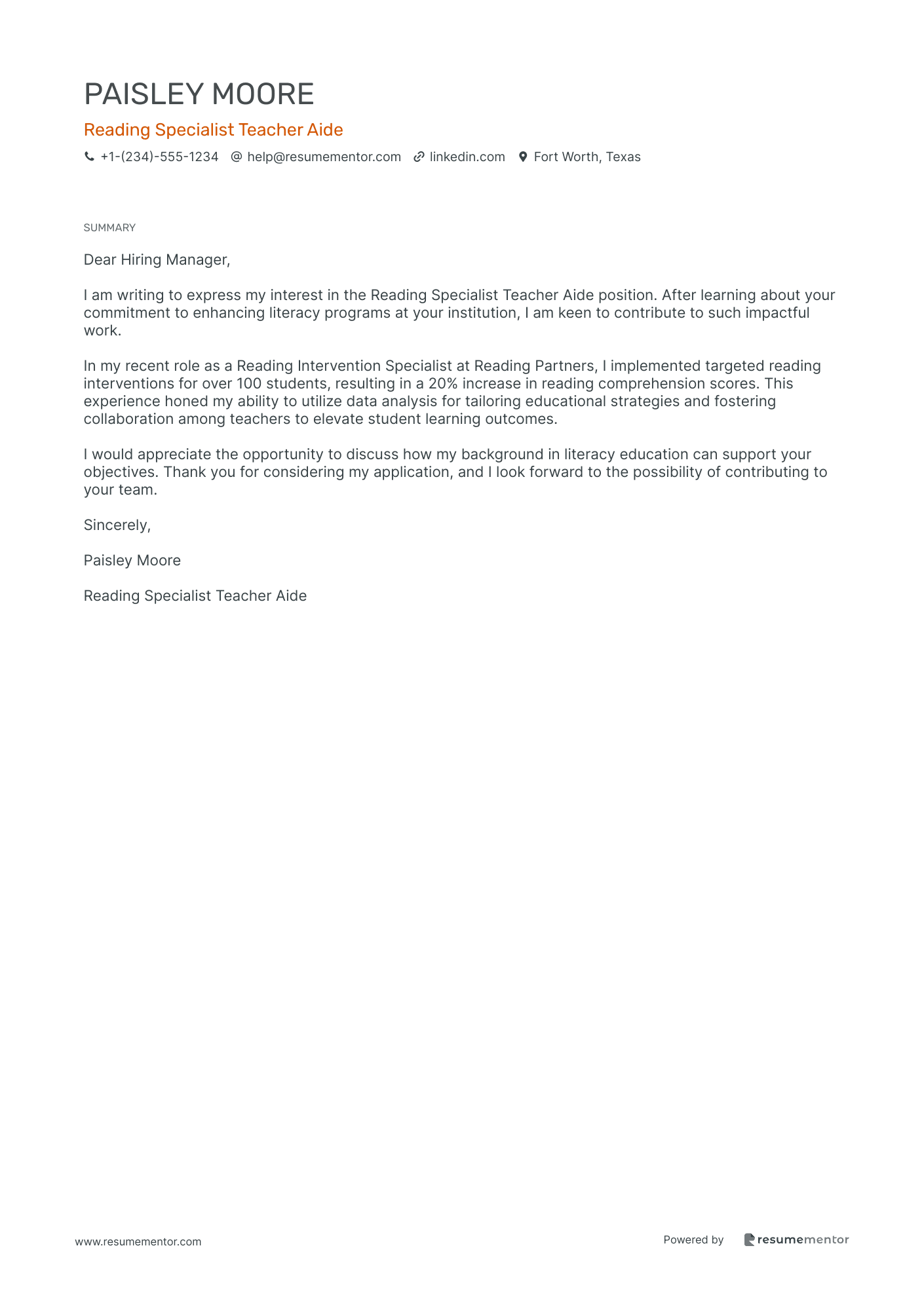 Reading Specialist Teacher Aide