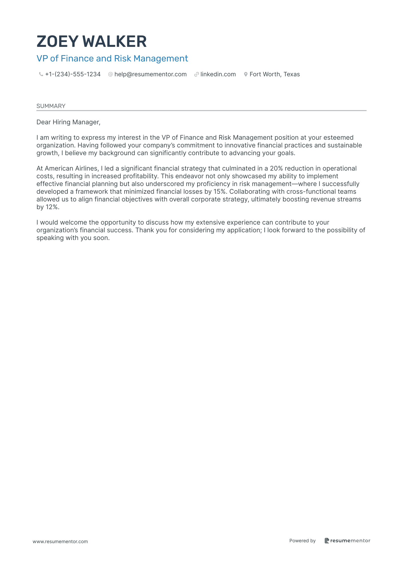 VP of Finance and Risk Management