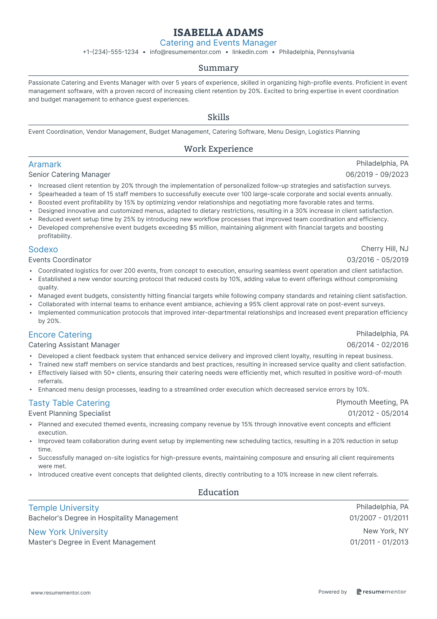 Catering and Events Manager