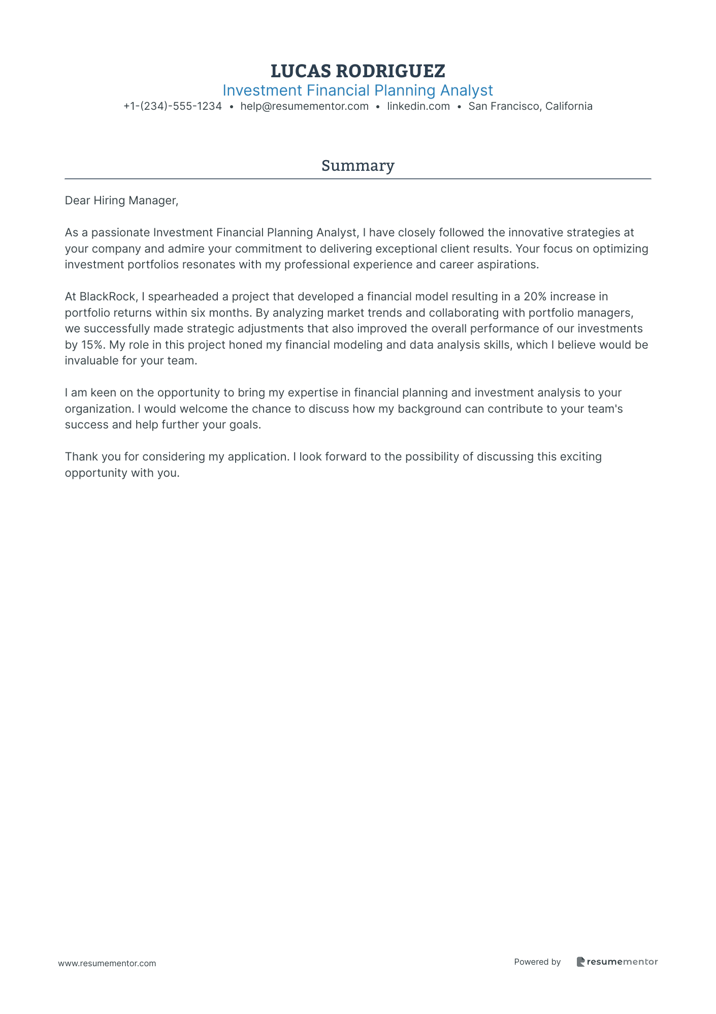 Investment Financial Planning Analyst