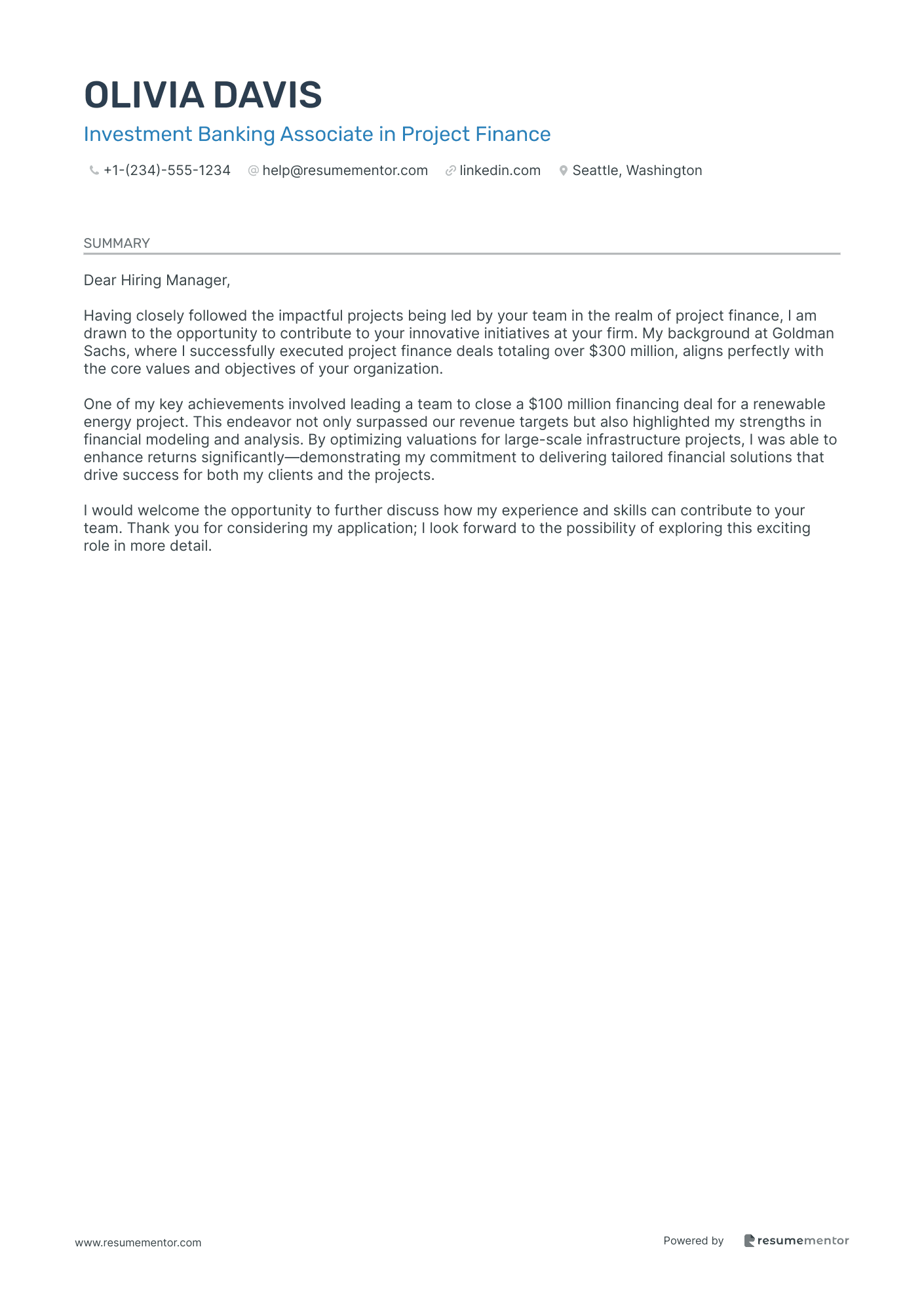 Investment Banking Associate in Project Finance