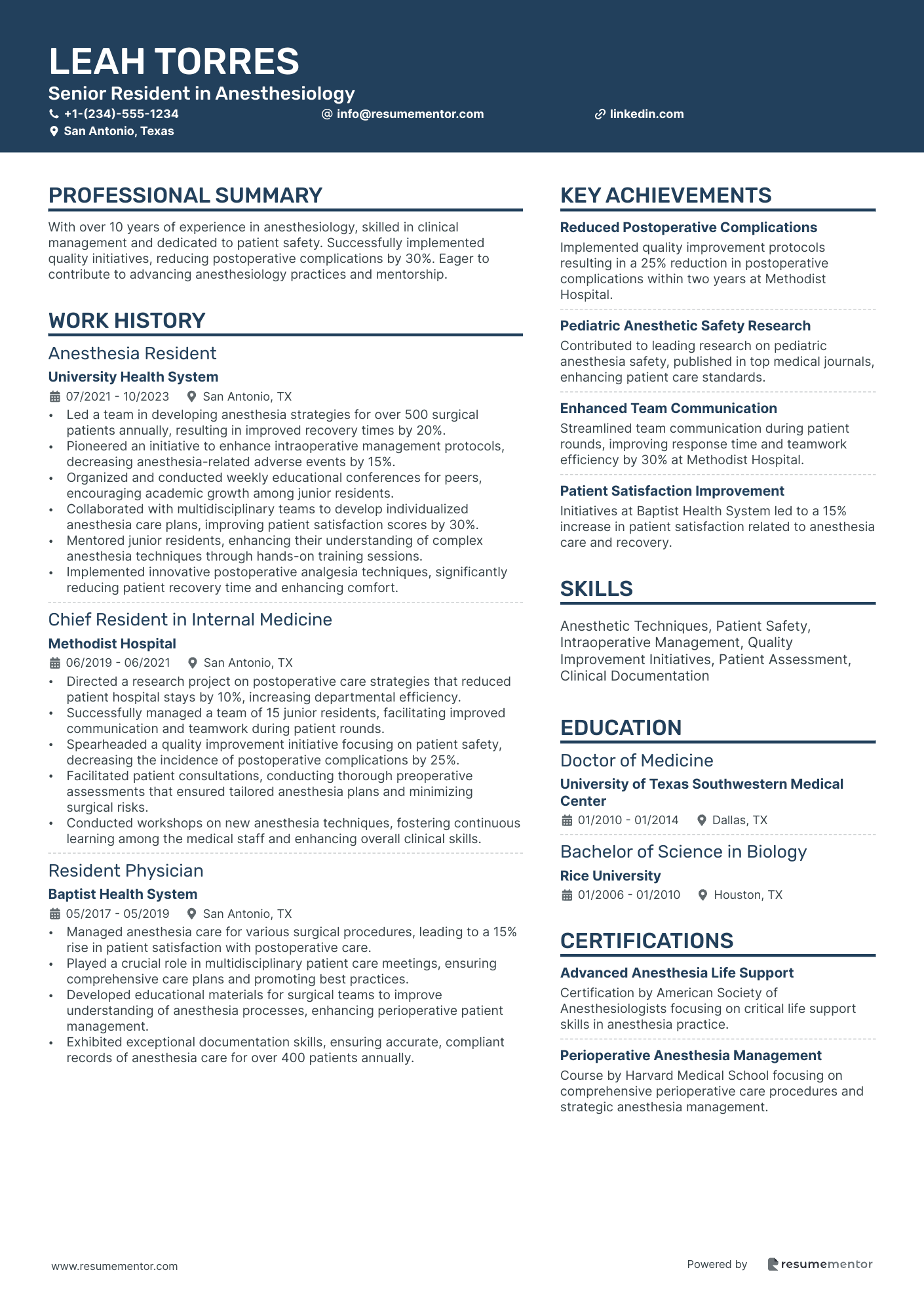 Senior Resident in Anesthesiology