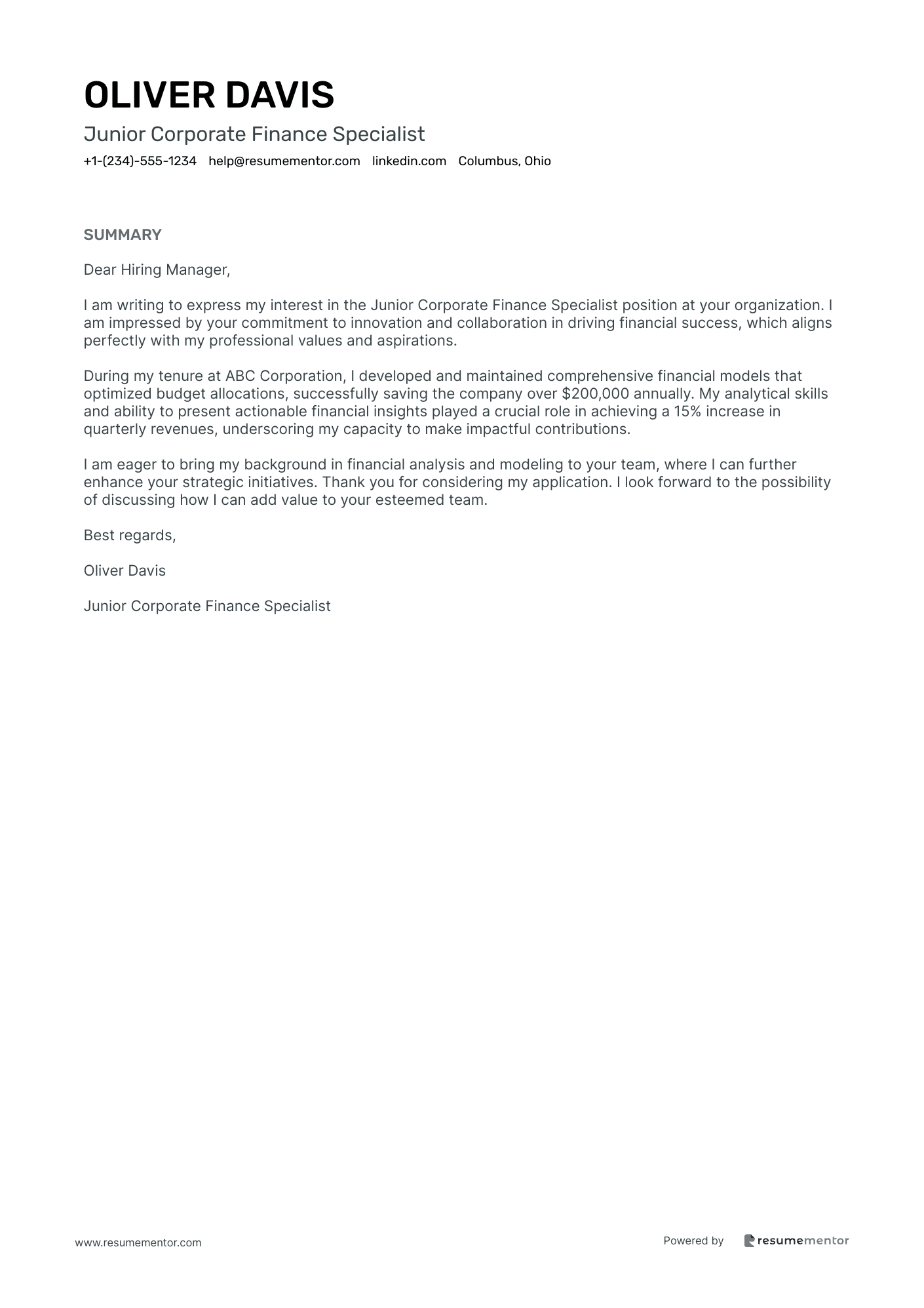 Junior Corporate Finance Specialist