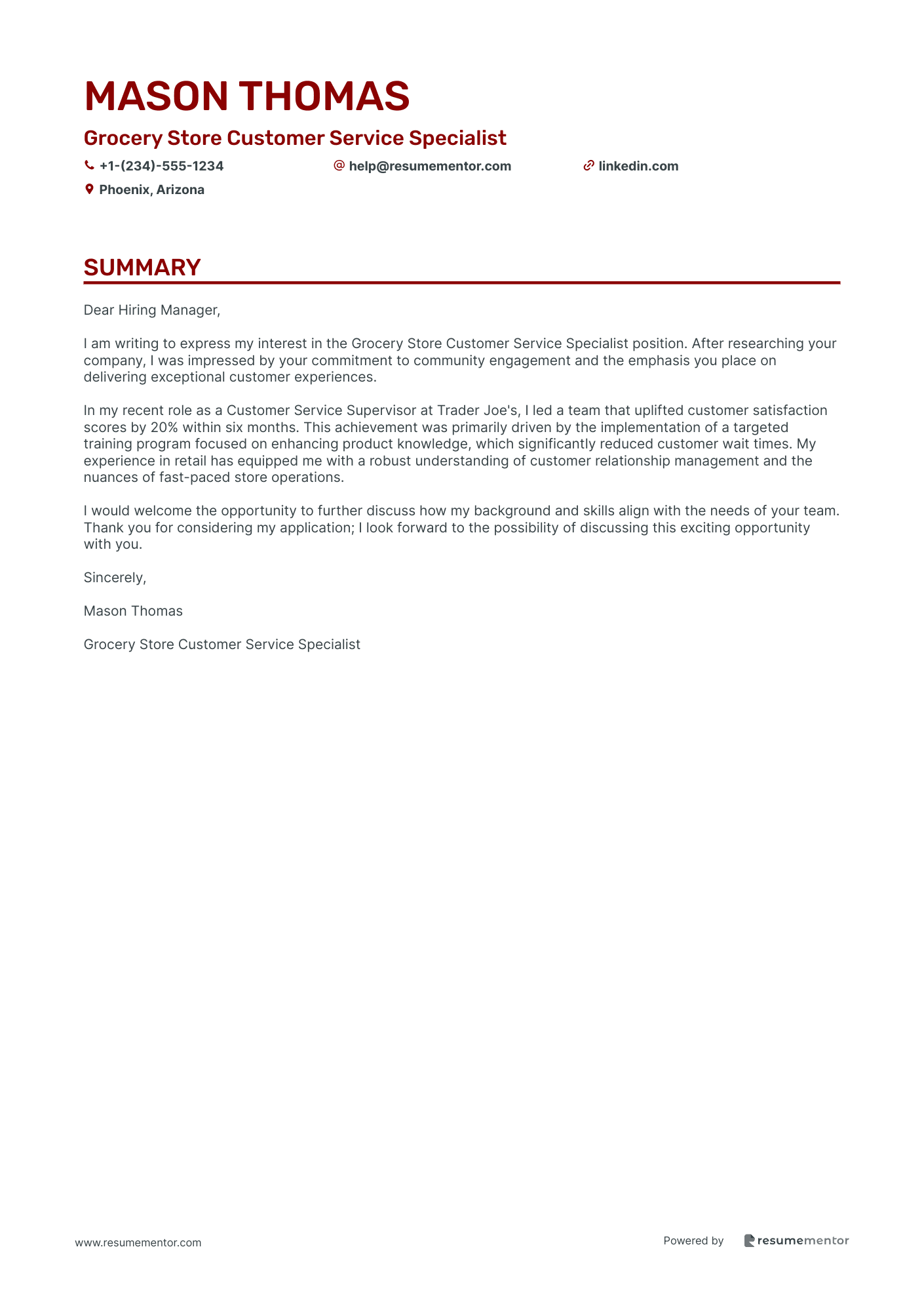 Grocery Store Customer Service Specialist