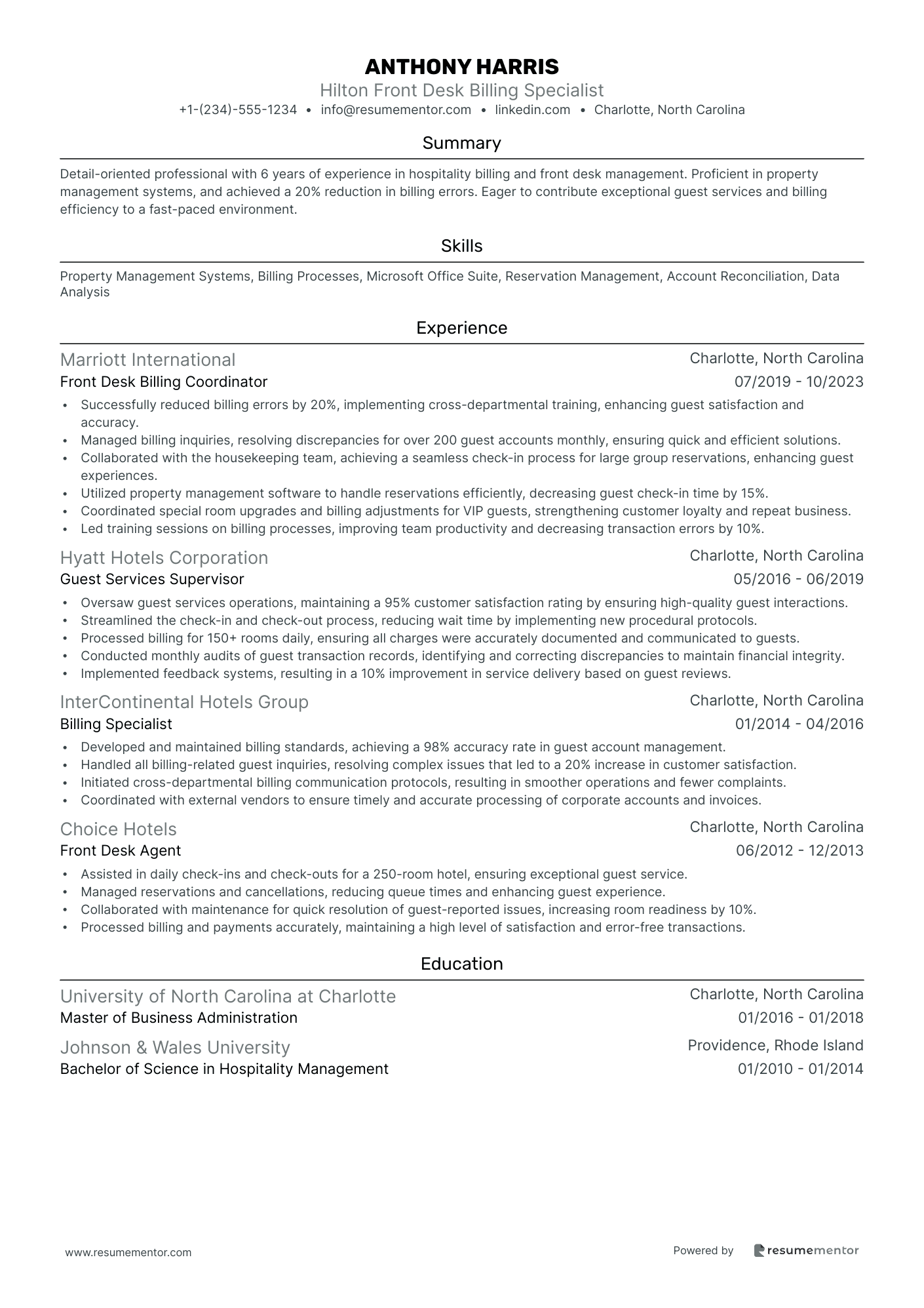 Hilton Front Desk Billing Specialist