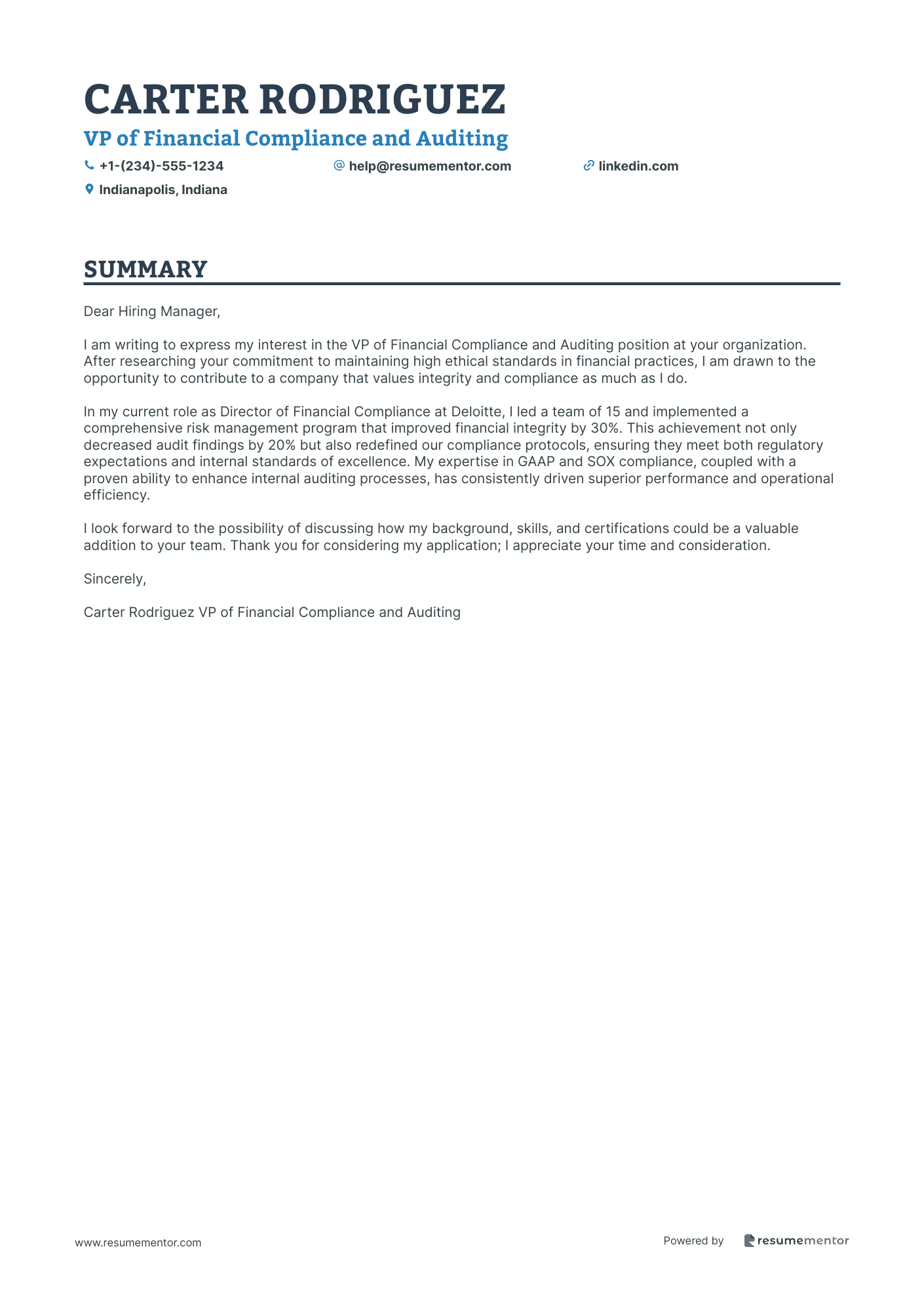VP of Financial Compliance and Auditing