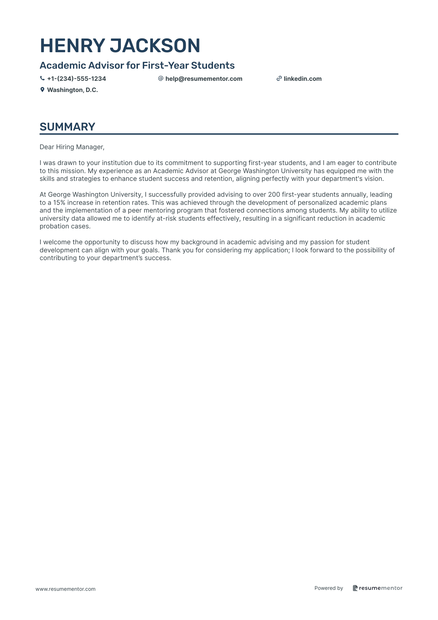 Academic Advisor for First Year Students