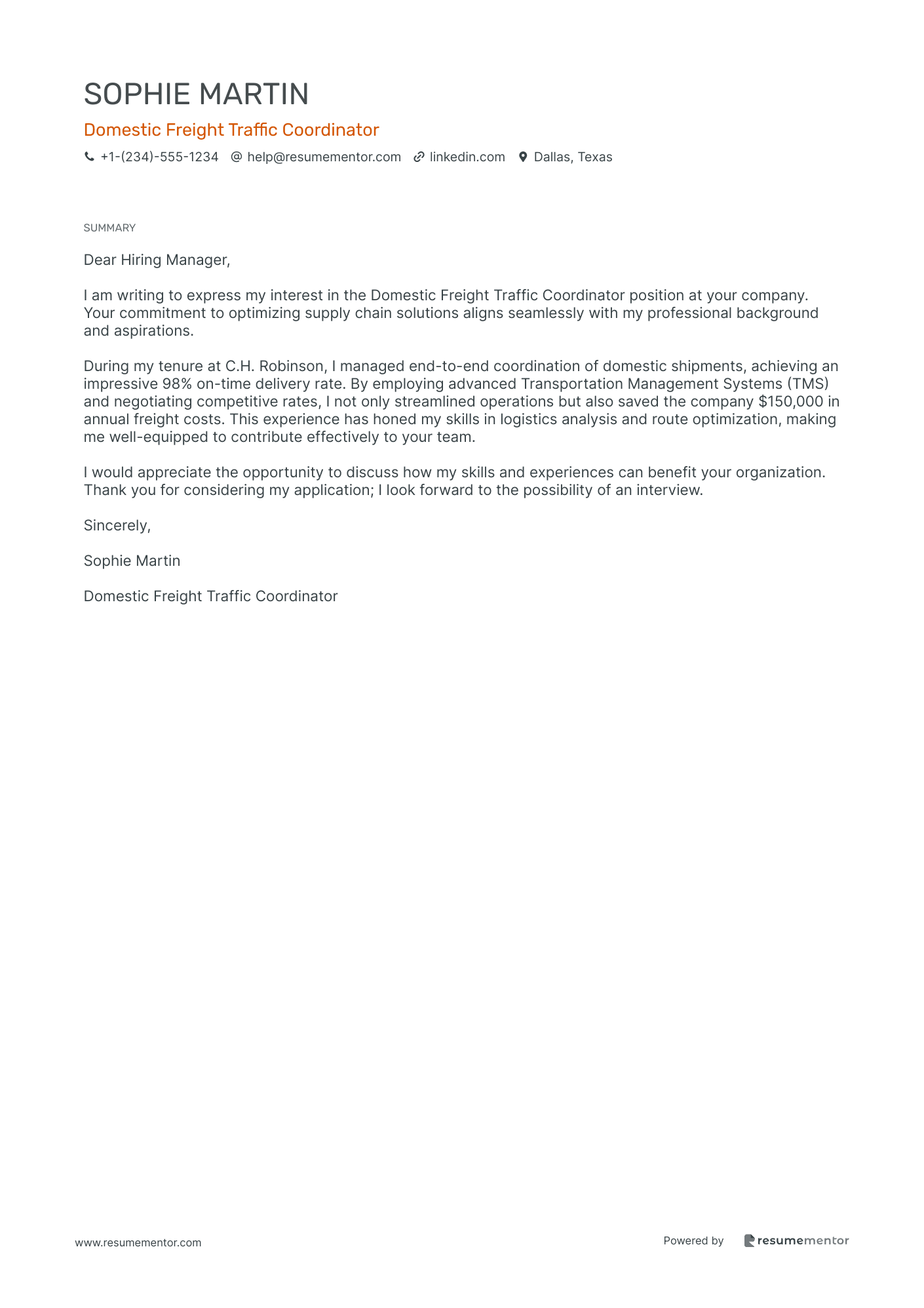 Domestic Freight Traffic Coordinator