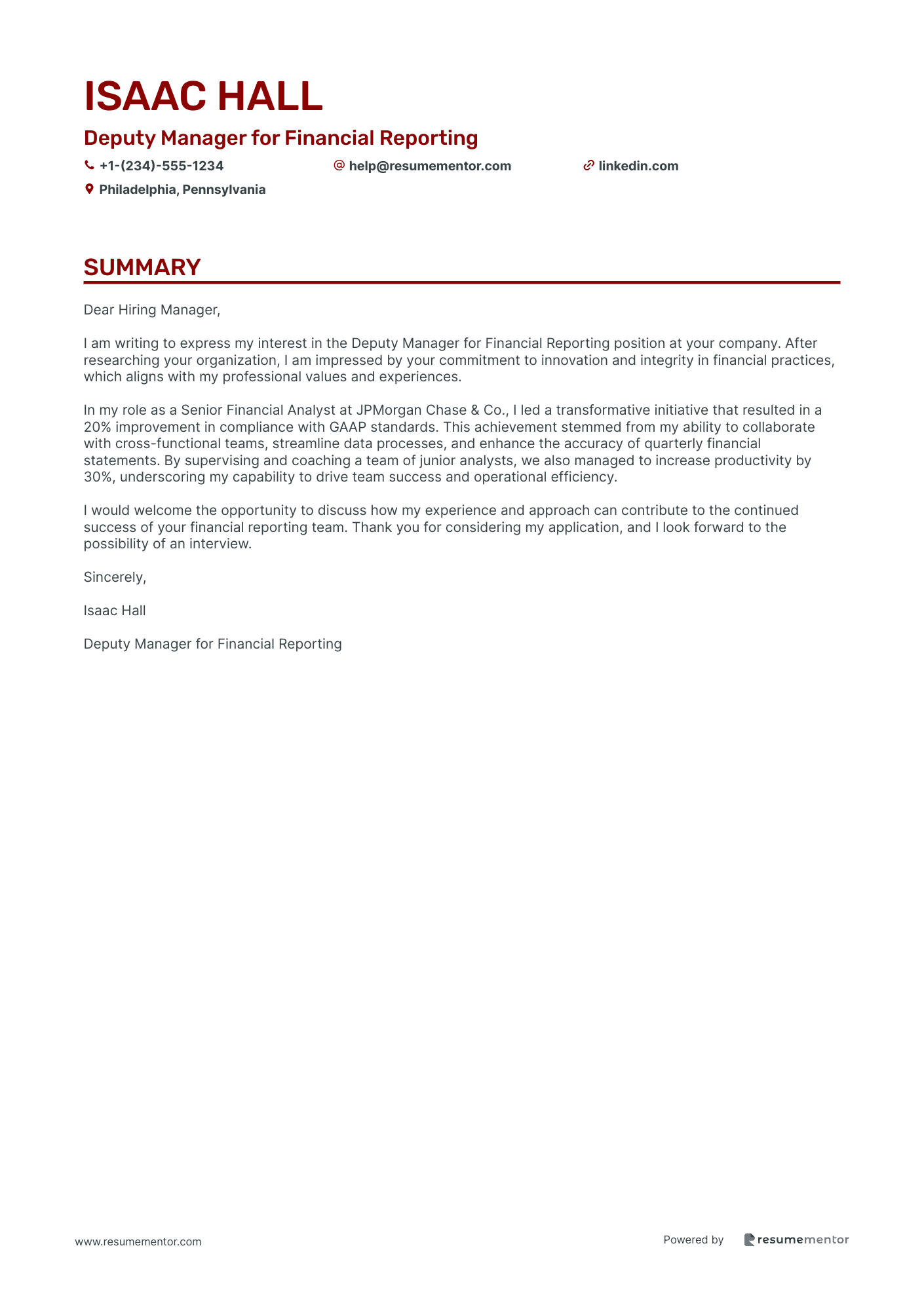 Deputy Manager for Financial Reporting