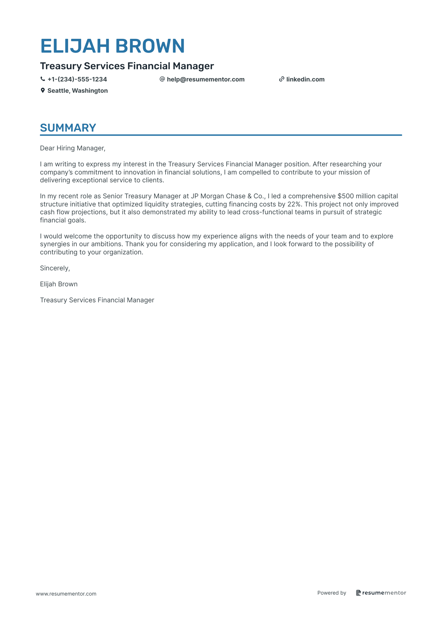 Treasury Services Financial Manager