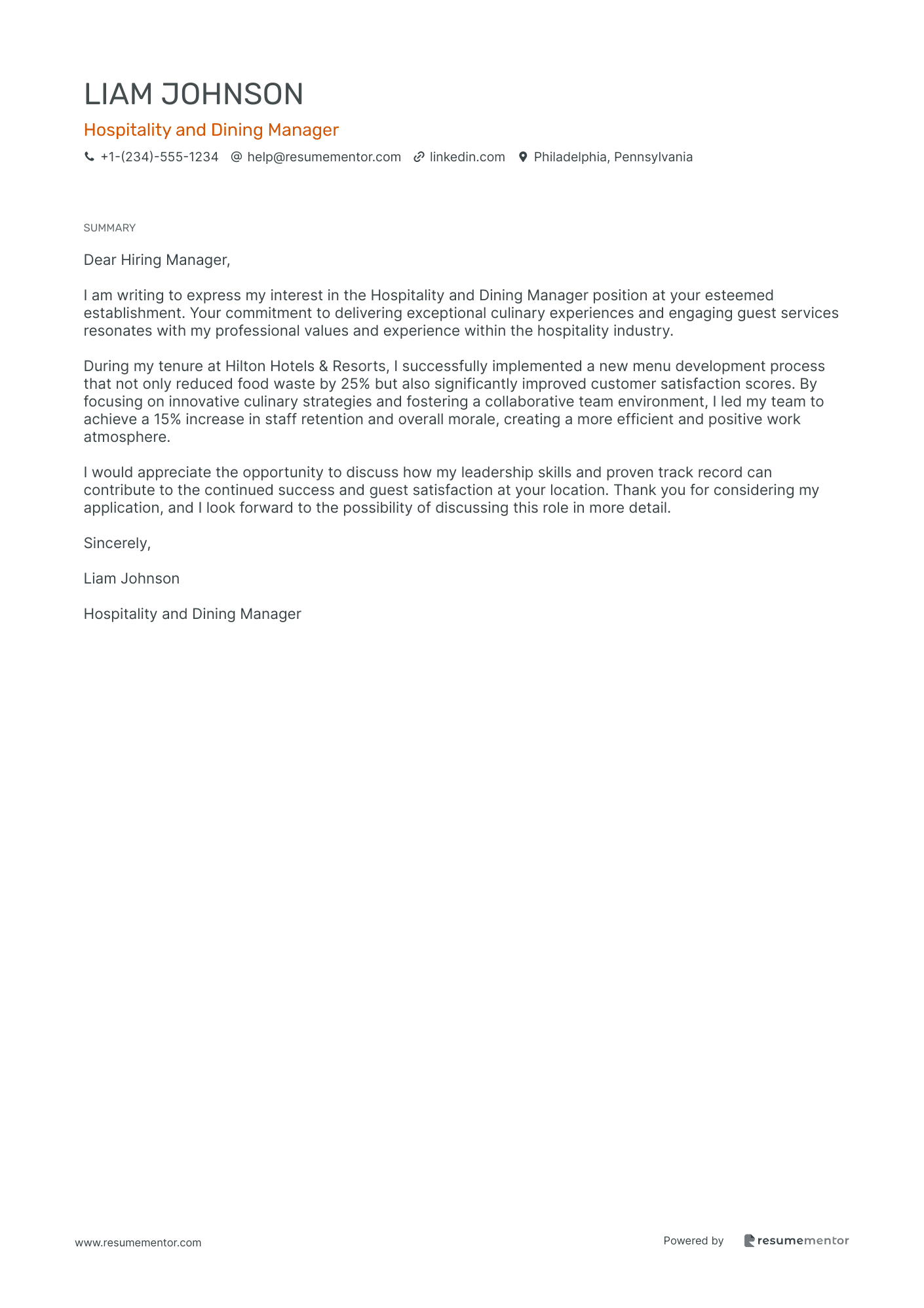 Hospitality and Dining Manager
