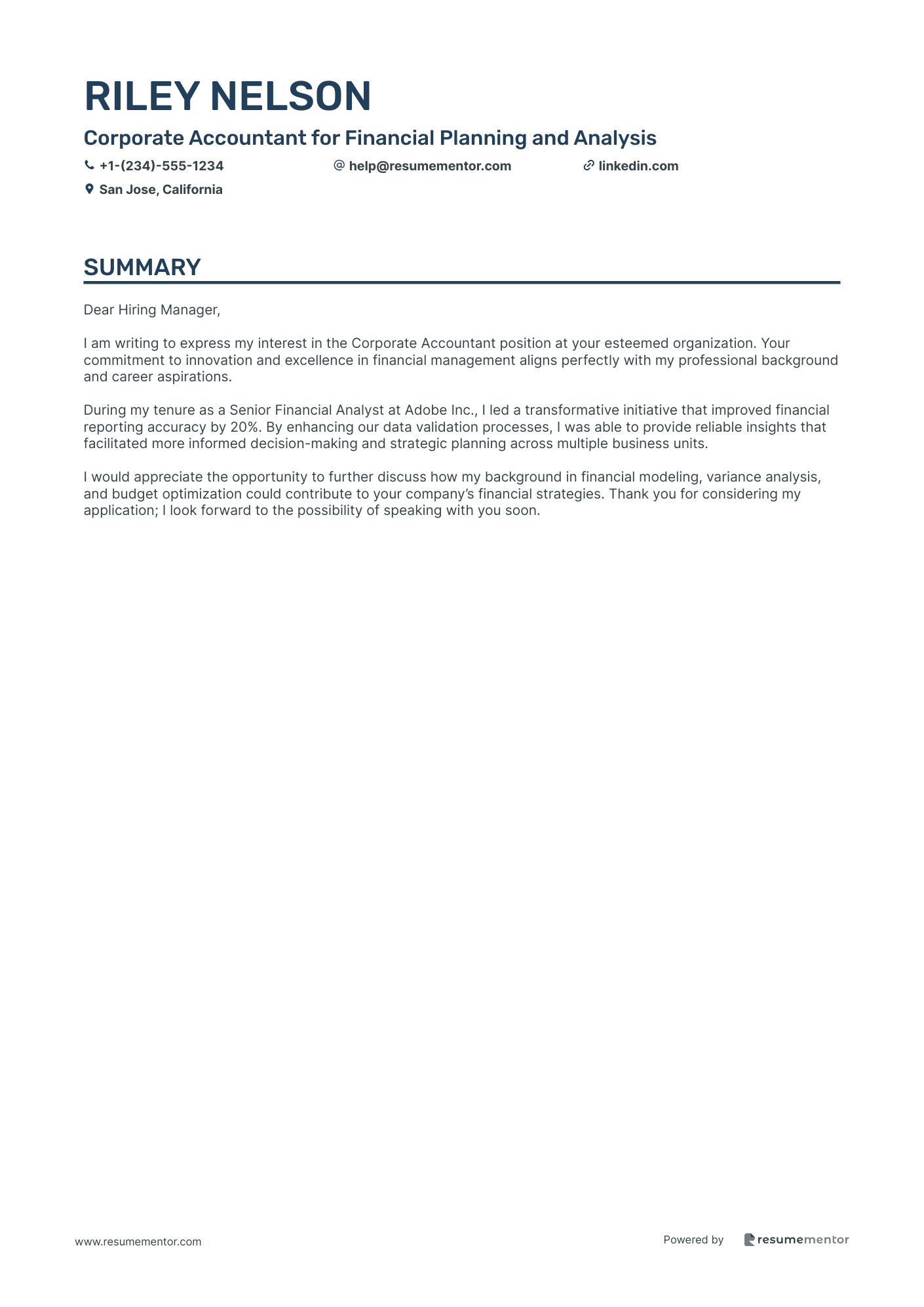 Corporate Accountant for Financial Planning and Analysis
