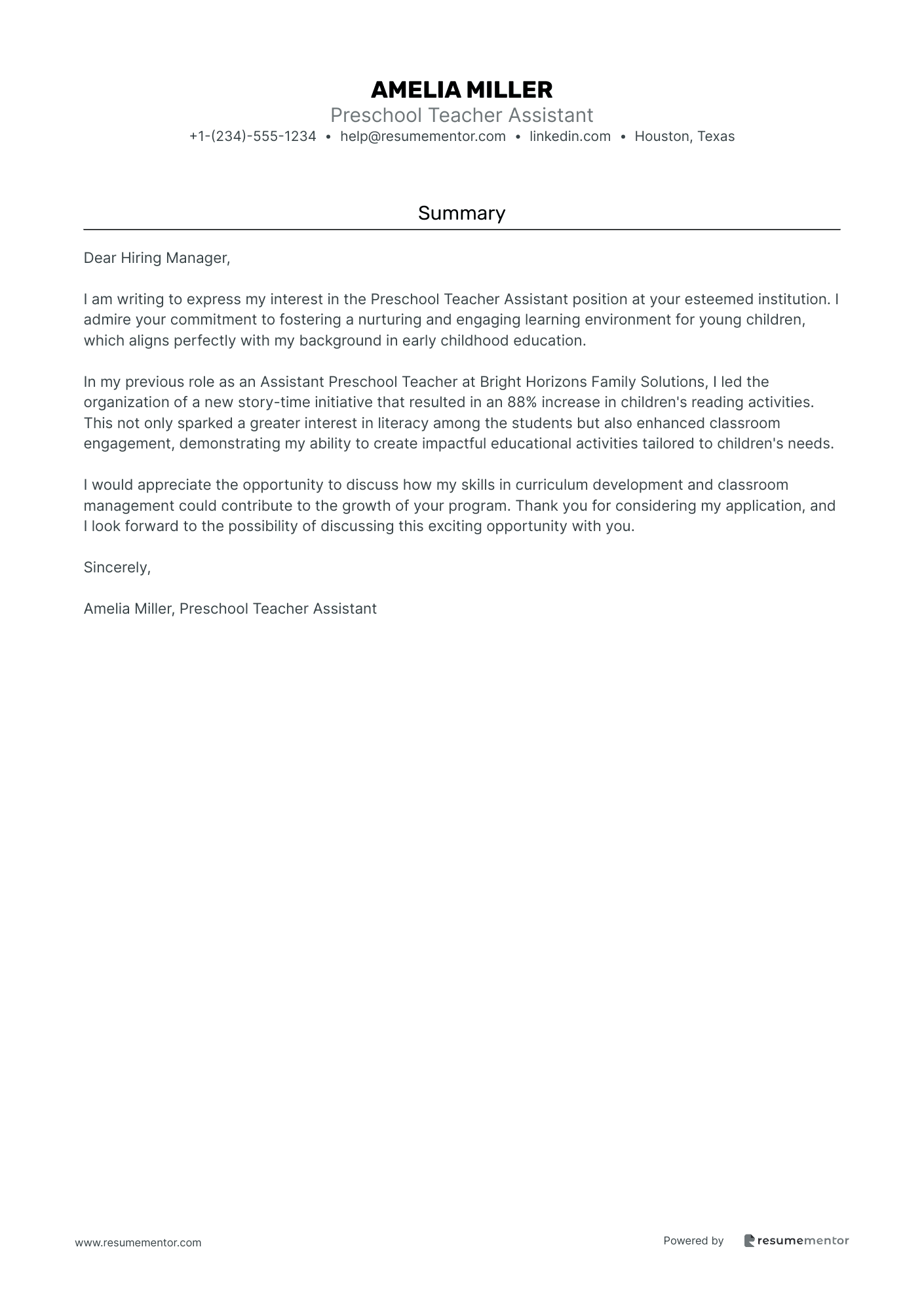 Preschool Teacher Assistant
