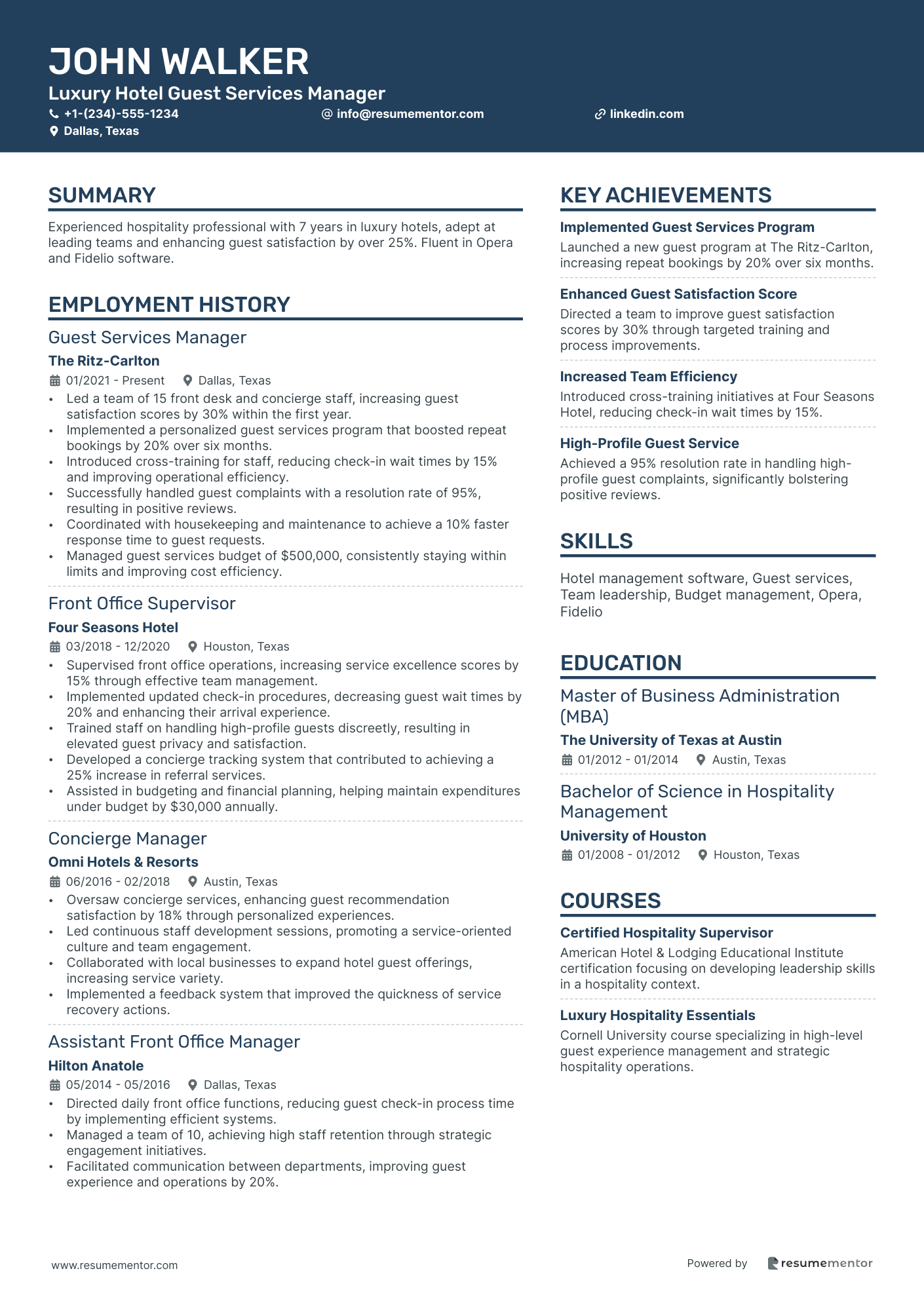 Luxury Hotel Guest Services Manager