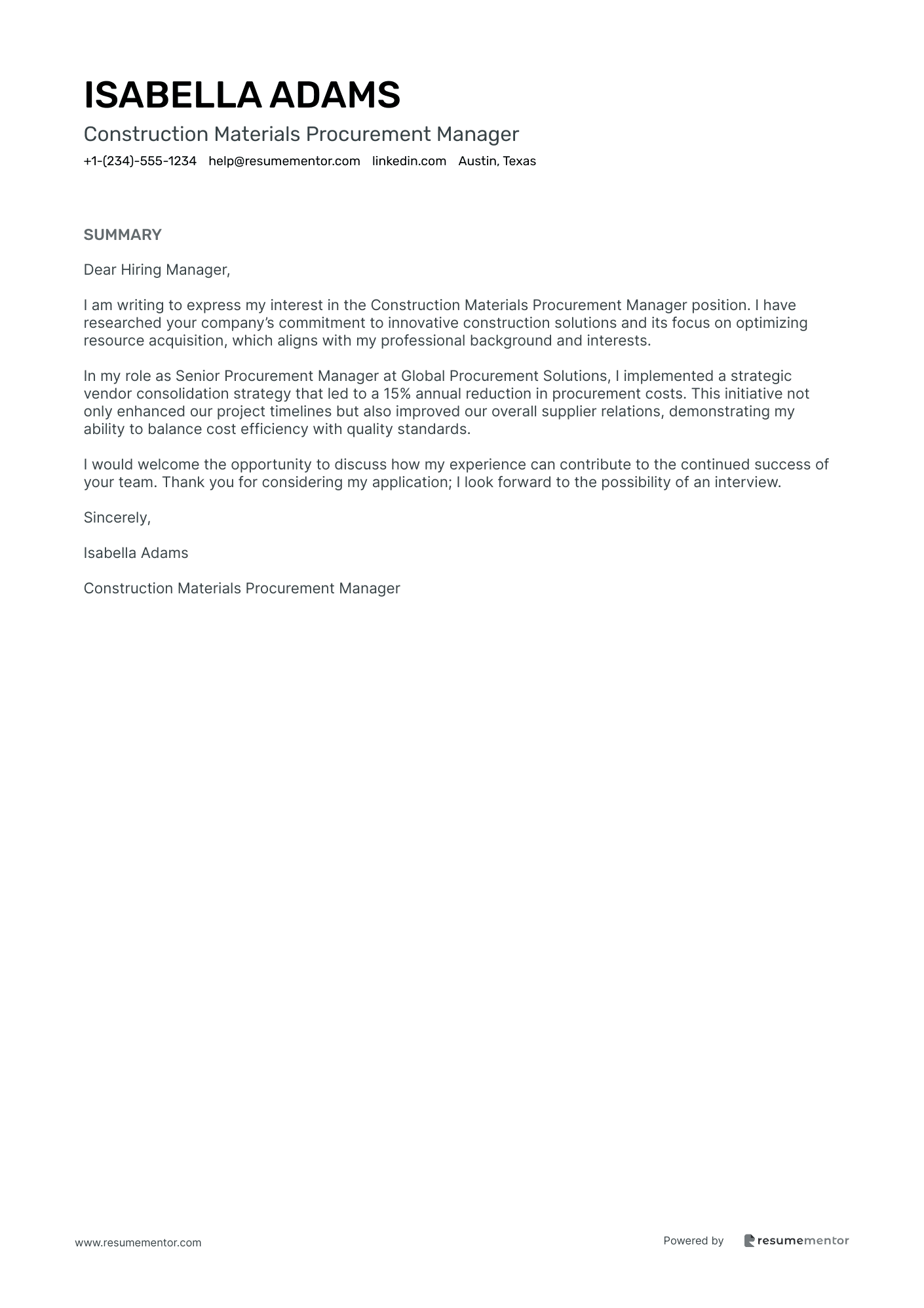 Construction Materials Procurement Manager