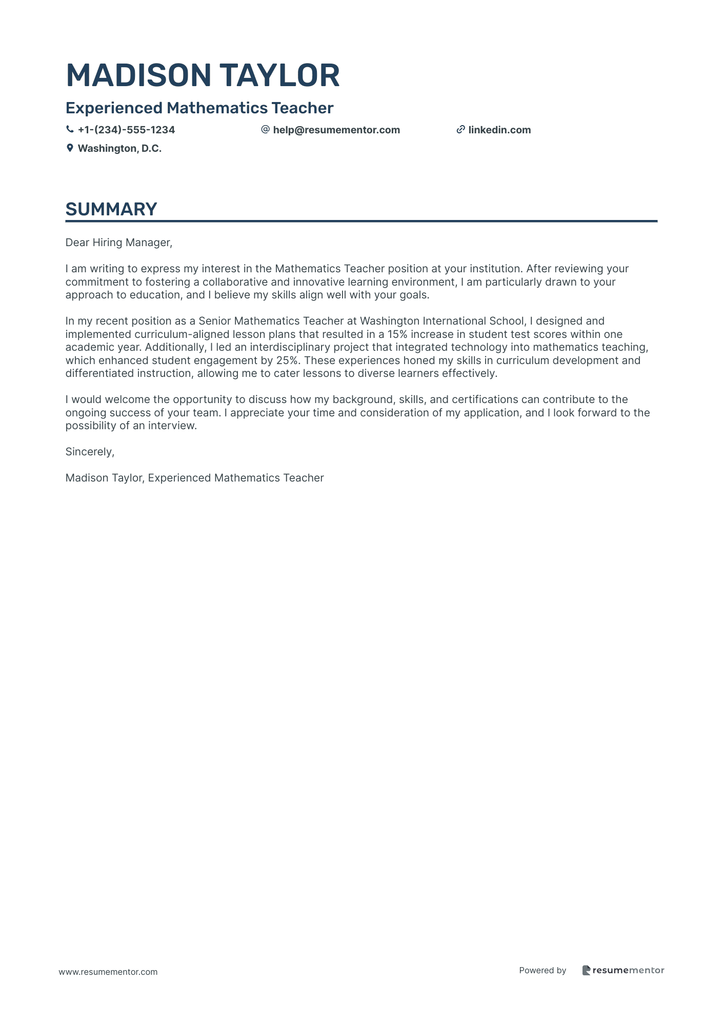 Experienced Mathematics Teacher