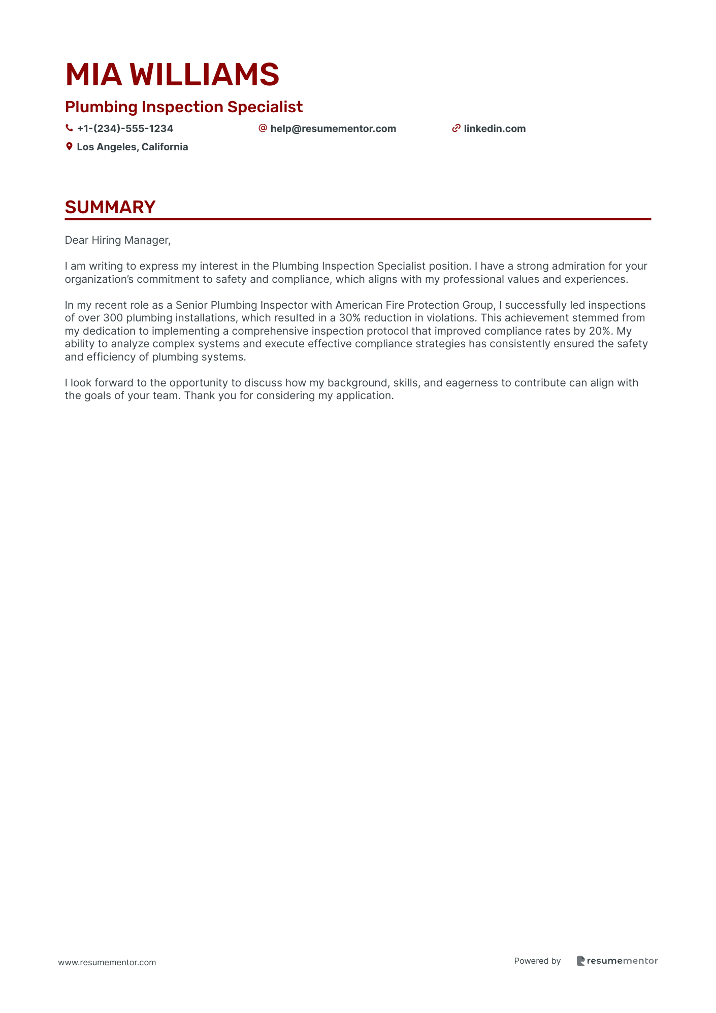 Plumbing Inspection Specialist