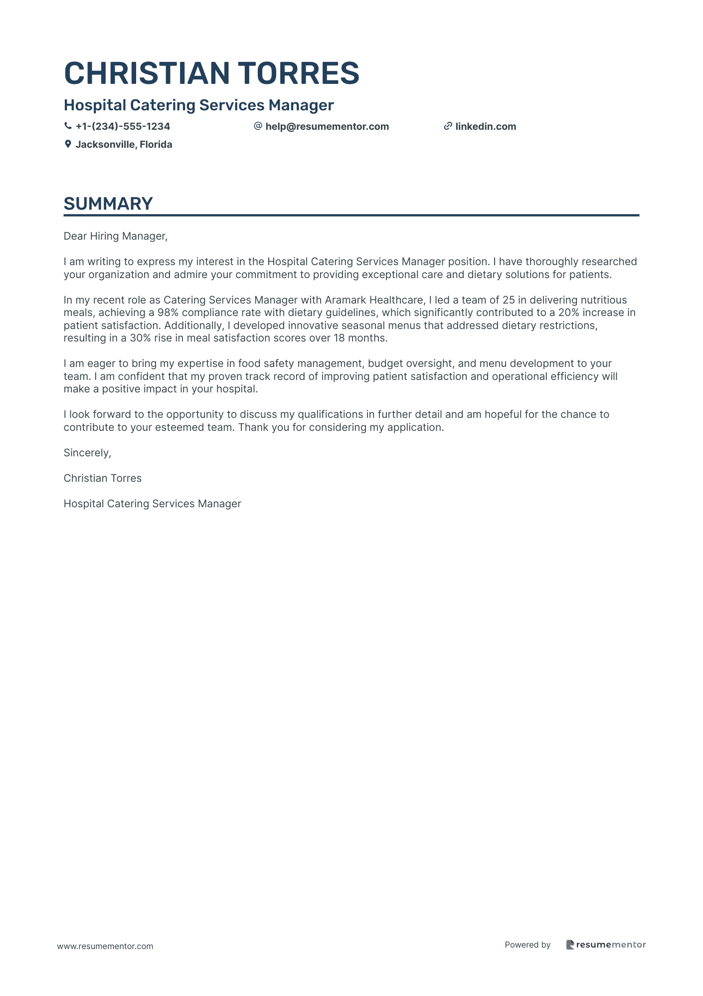 Hospital Catering Services Manager