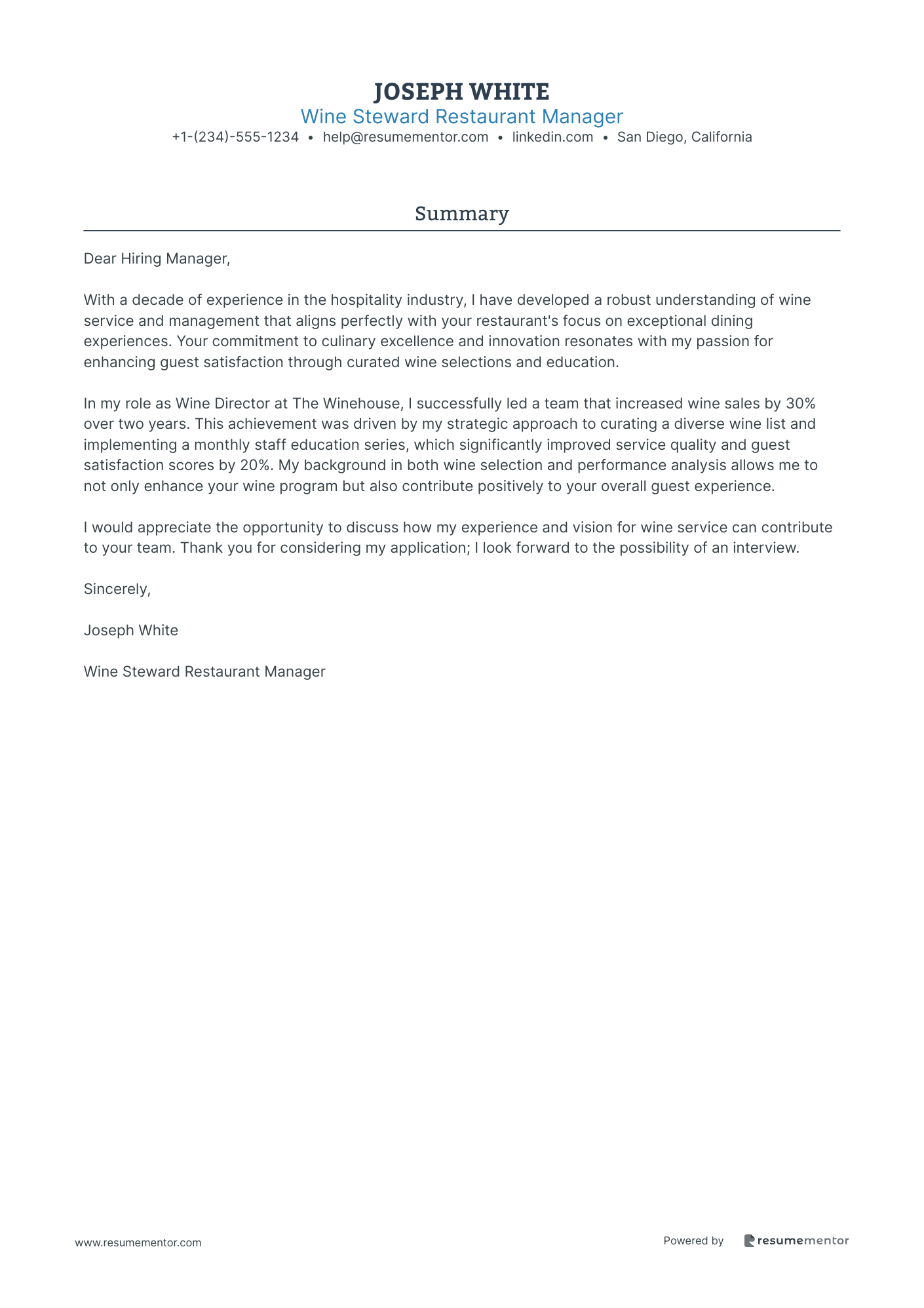 Wine Steward Restaurant Manager